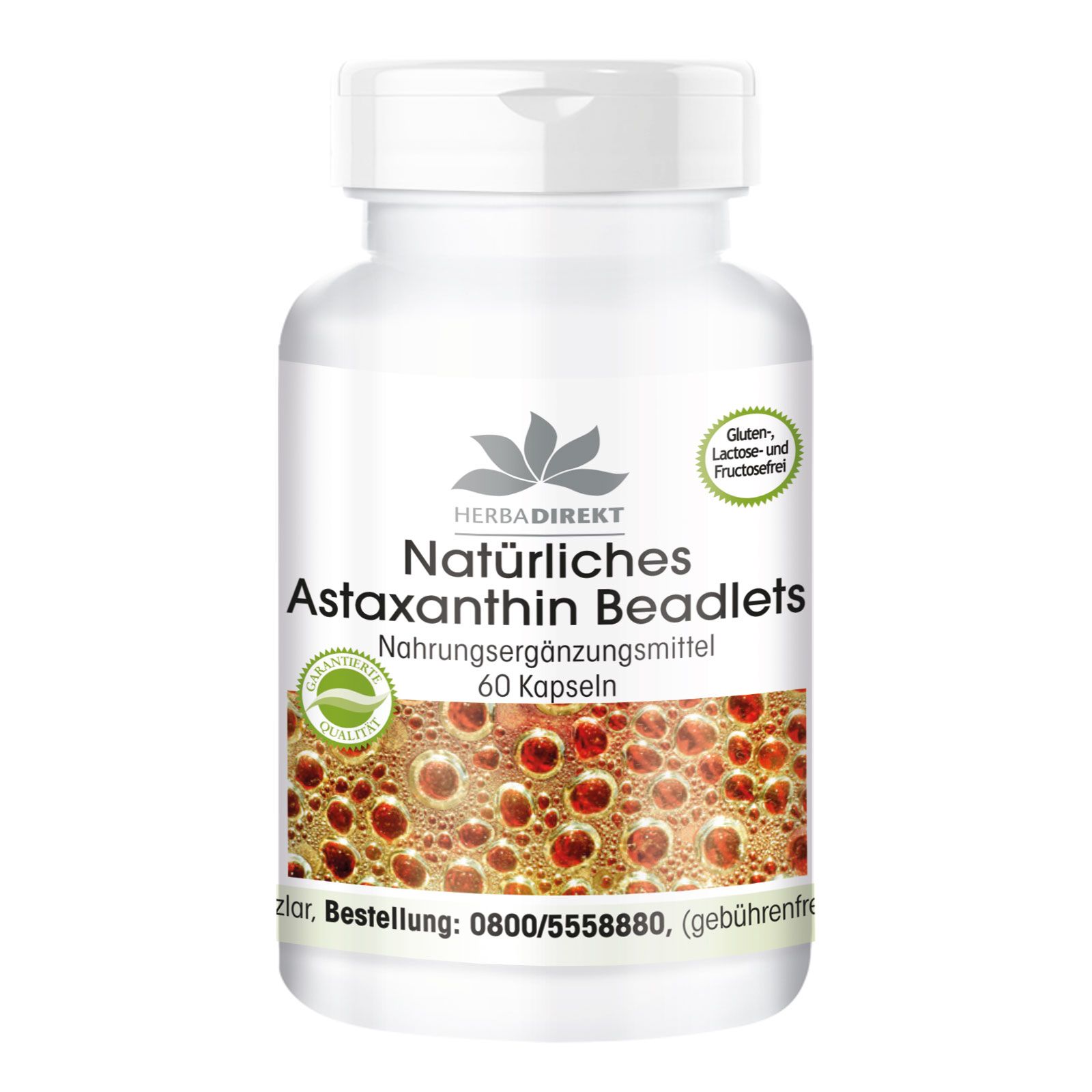 Weiße Flasche mit Kapseln. Aufschrift: Astaxanthin Beadlets, Nahrungsergänzungsmittel, 60 Kapseln. Logo: Herbadirekt.