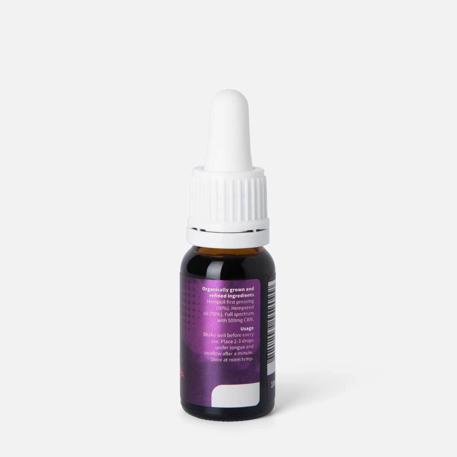 Rückansicht einer braunen Glasflasche mit weißem Tropfer. Lila Etikett mit Text. Enthält Informationen über Inhaltsstoffe und Anwendung.