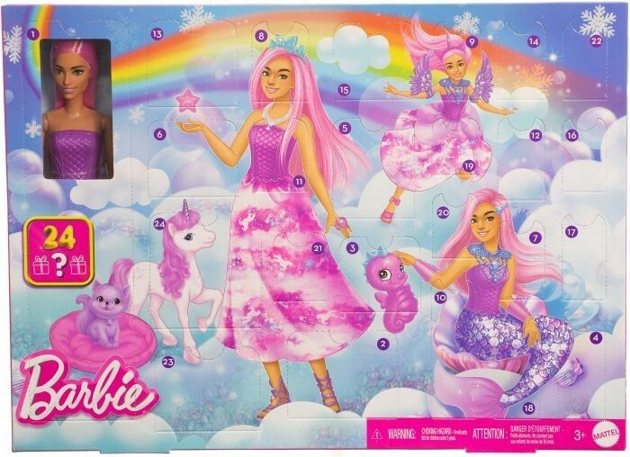 Barbie Adventskalender. Enthält Puppe, Einhorn, Katze, Kleidung und Zubehör. Verpackung mit Logo und 24 nummerierten Türchen.
