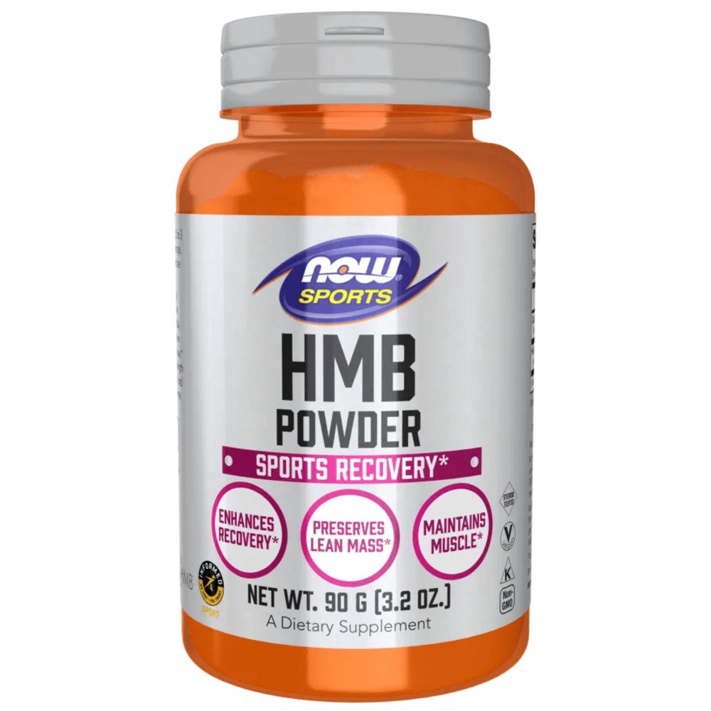 HMB-Pulver-Dose. Orangefarbener Behälter mit weißem Deckel. Aufschrift: NOW SPORTS, HMB POWDER, SPORTS RECOVERY. Netto 90 g.