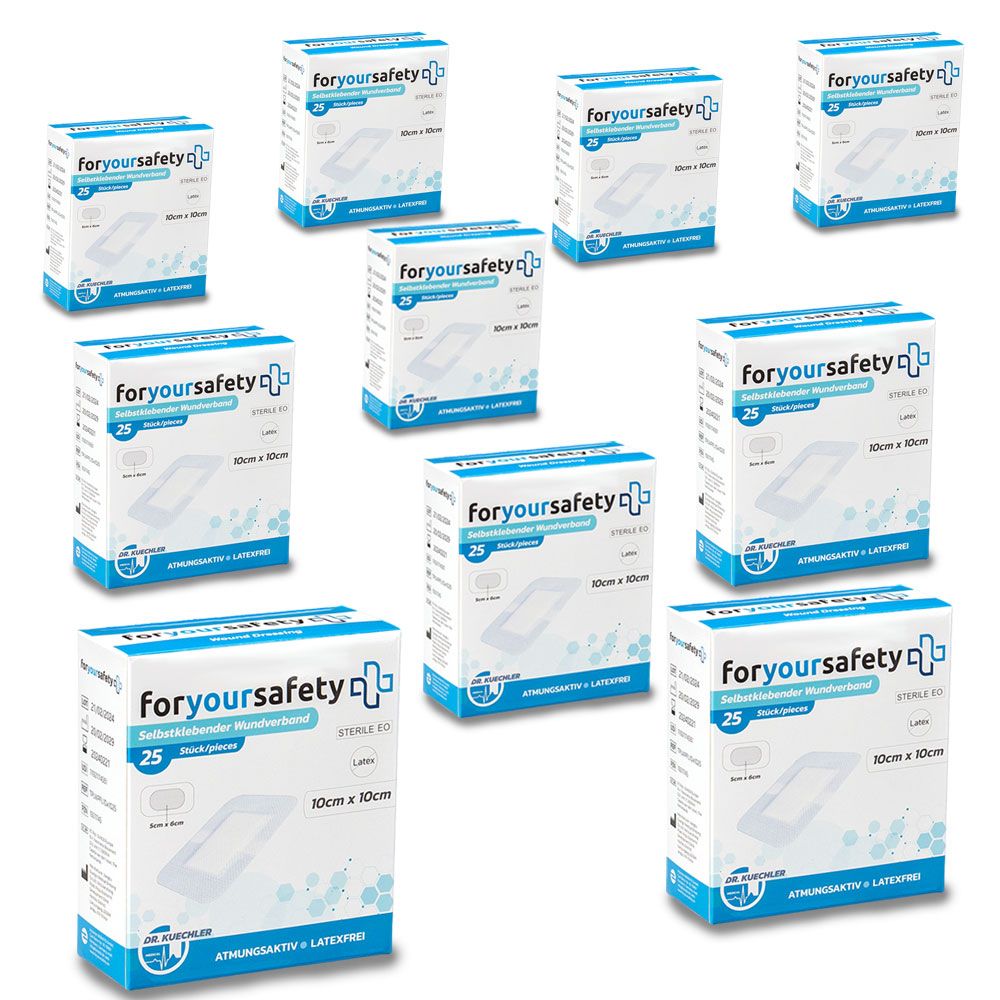 Mehrere Packungen Wundpflaster. Blaue und weiße Verpackung mit Produktinformationen. 25 Stück, 10x10cm. Marke: foryoursafety+.