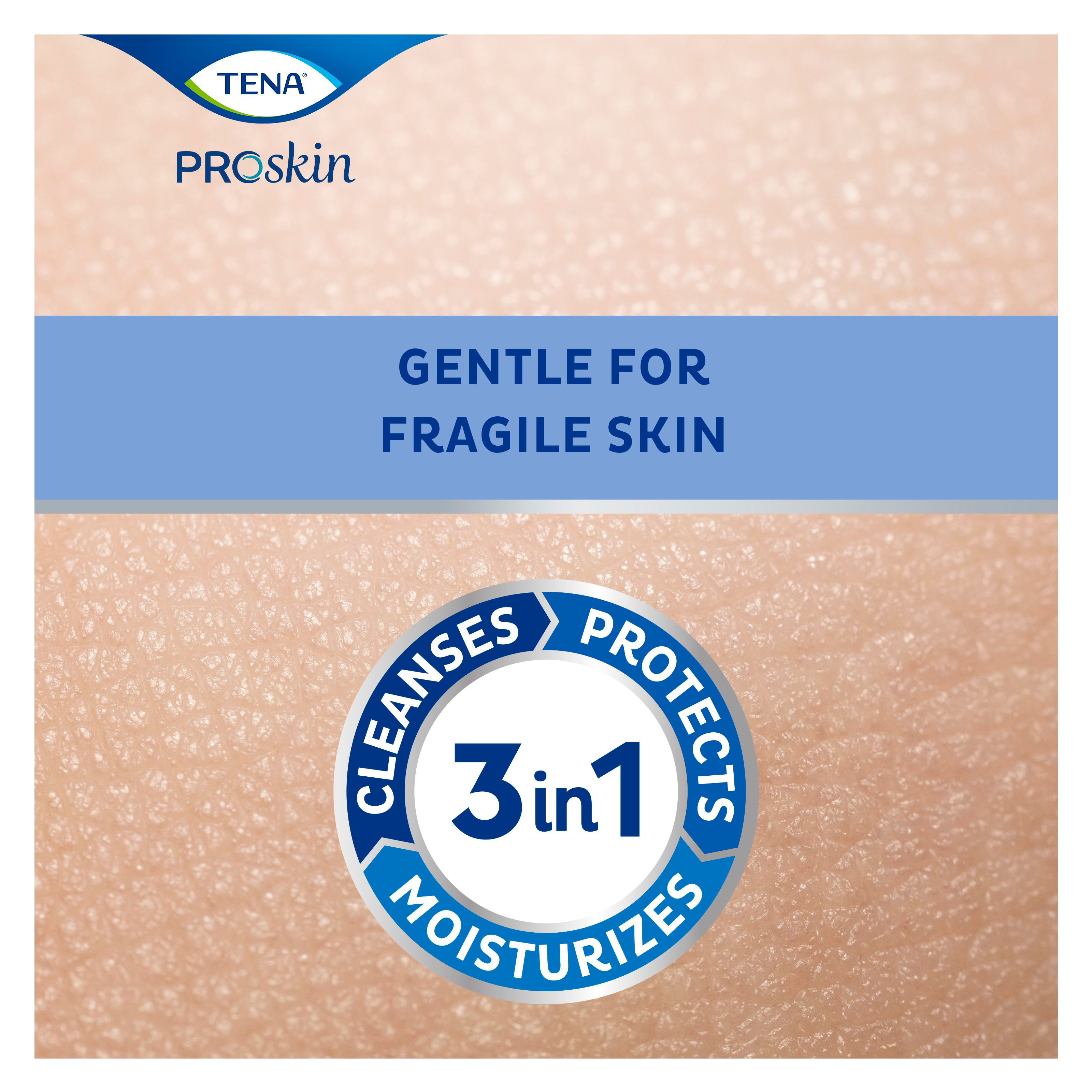 Haut mit Text. Blauer Balken mit Text: Sanft für empfindliche Haut. Kreisförmiges Logo: Reinigt, schützt, befeuchtet. 3-in-1.