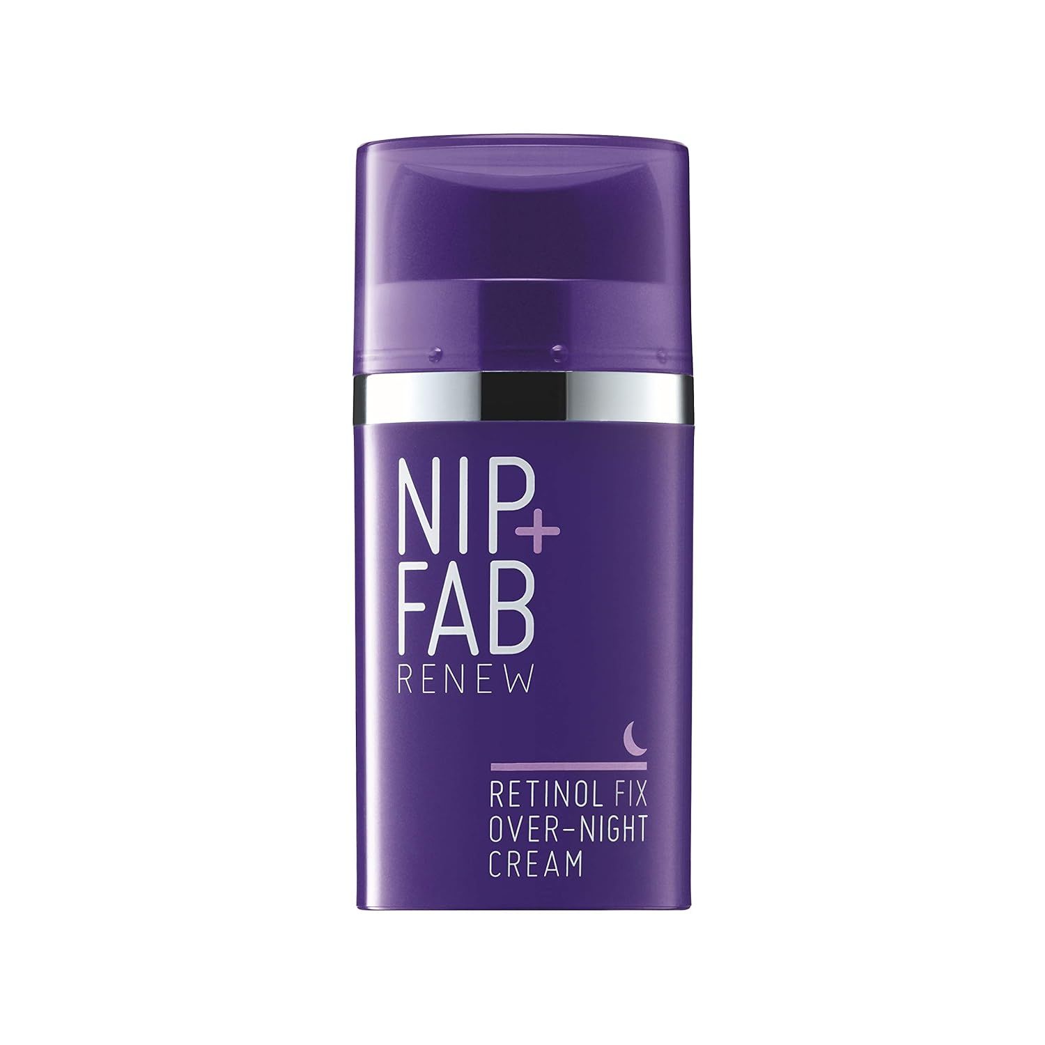 Violette Flasche mit weißem Aufdruck. "NIP + FAB RENEW" und "RETINOL FIX OVER-NIGHT CREAM" sind sichtbar.