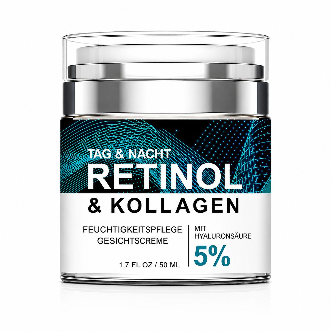 Soleneva Retinol & Kollagen Gesichtscreme in einem silbernen Tiegel mit blauem Design.