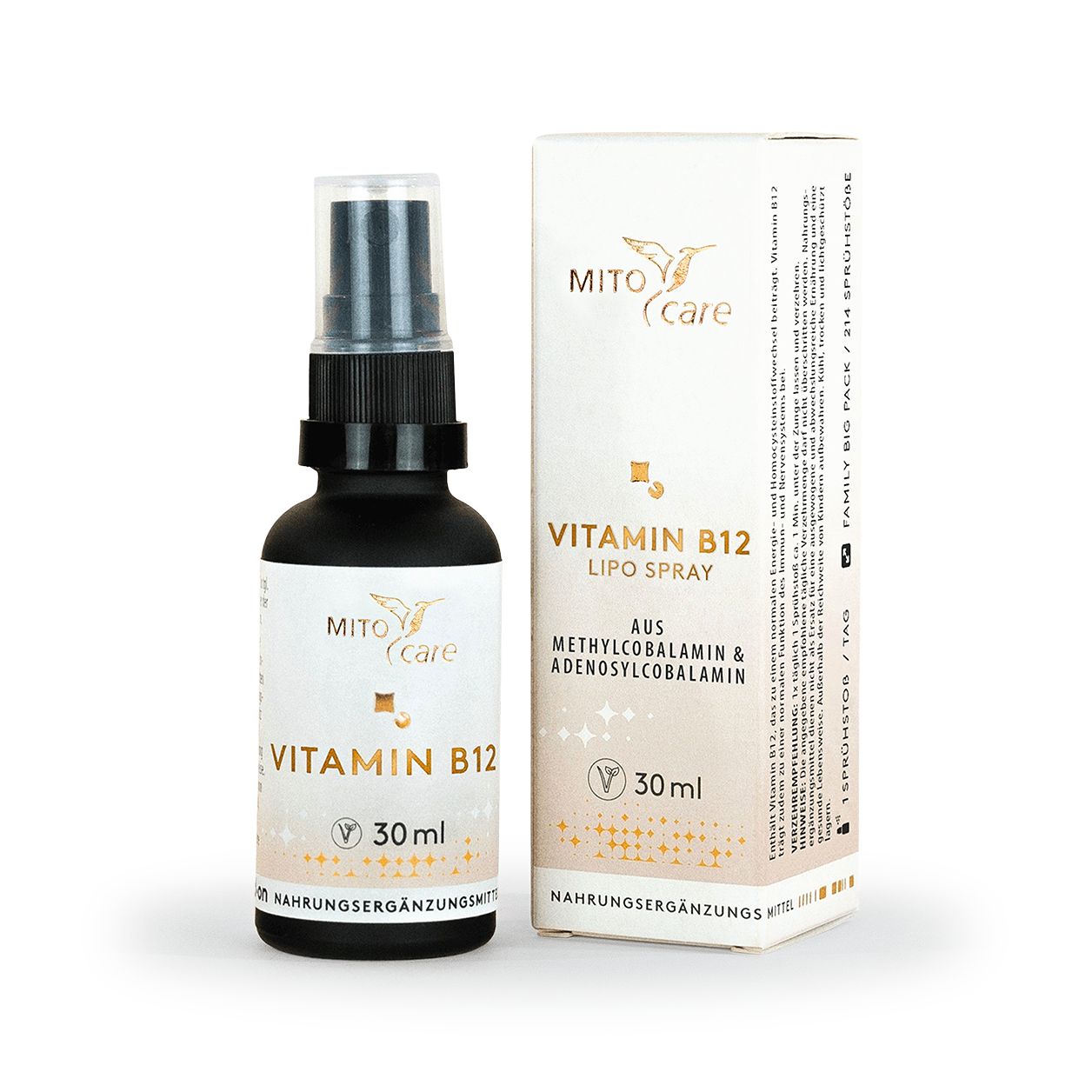 MITOcare Vitamin B12 Lipo Spray in dunkler Glasflasche mit Pumpsprühkopf und Umverpackung.