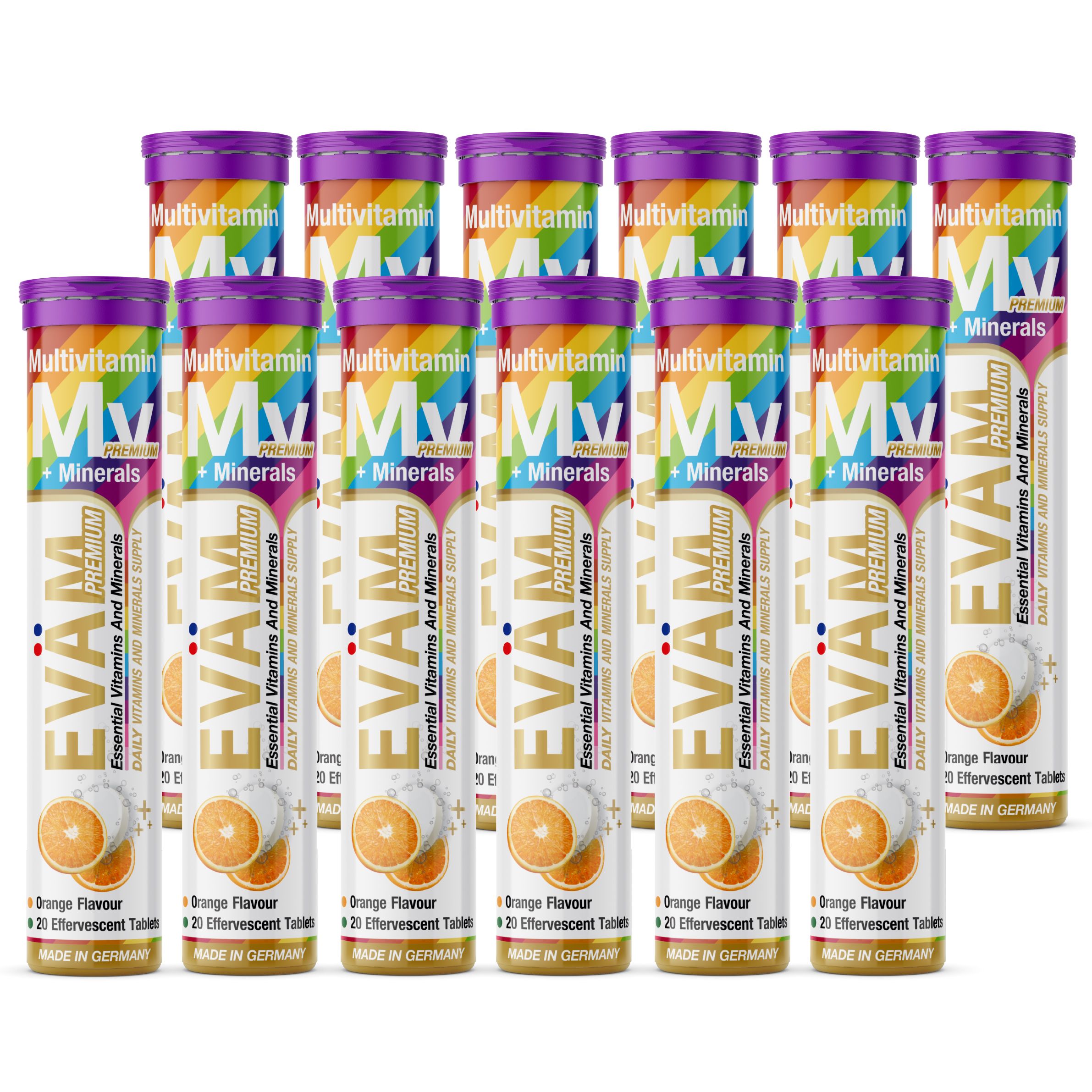 Mehrere Packungen EVÄM Multivitamin + Mineralien Brausetabletten. Jede Tube enthält Tabletten mit Orangengeschmack.