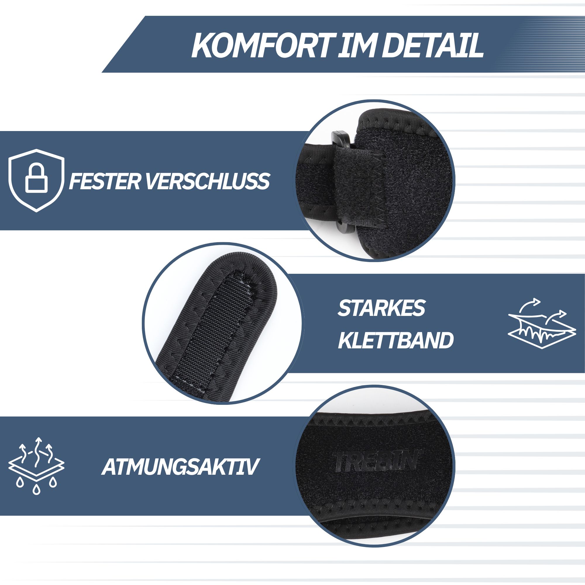 Nahaufnahme einer schwarzen Kniebandage mit dem Logo 'Trebis'.