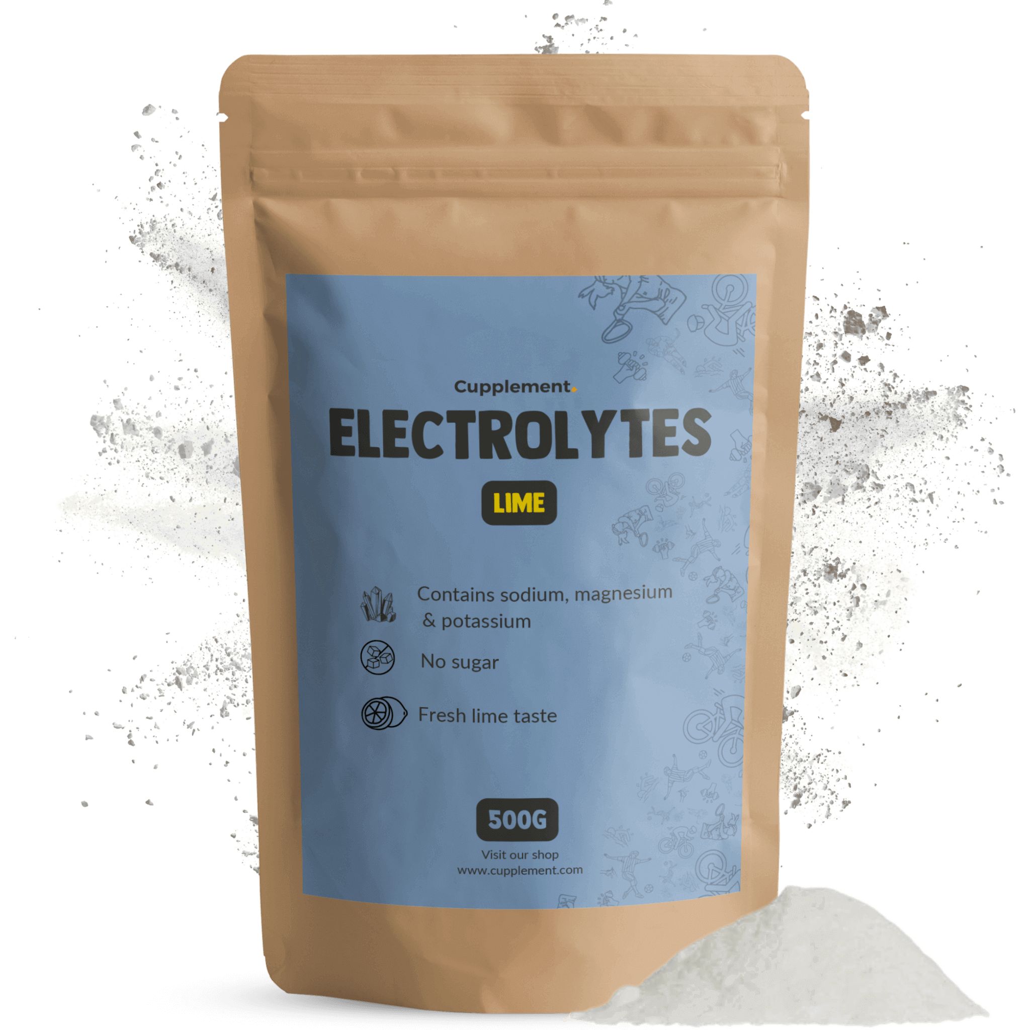 Beutel mit Elektrolytpulver. Aufschrift: Cupplement, Electrolytes, Lime. Enthält Natrium, Magnesium, Kalium. 500g.