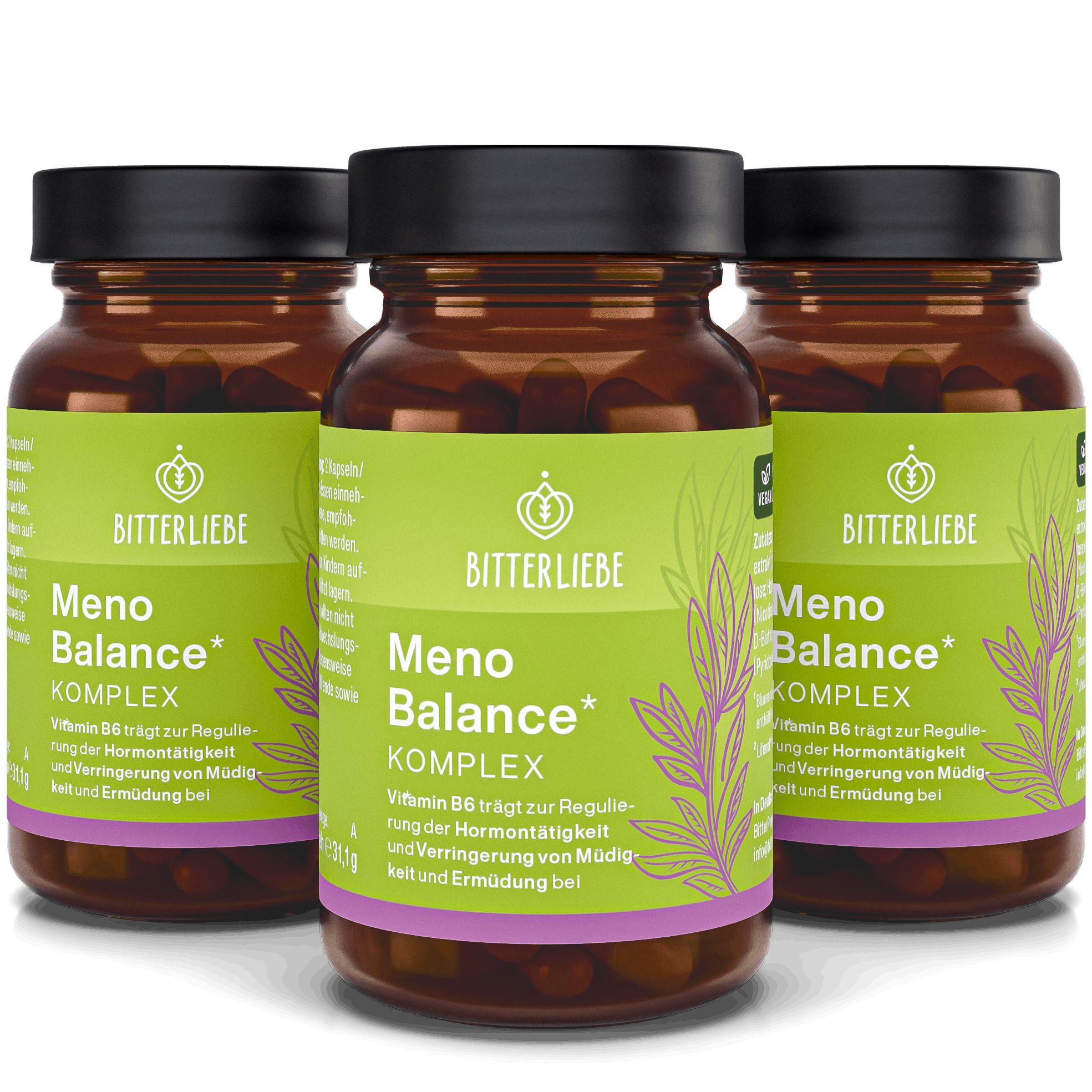 Flasche Meno Balance Komplex mit detaillierten Informationen zu Inhaltsstoffen und Wirkung.