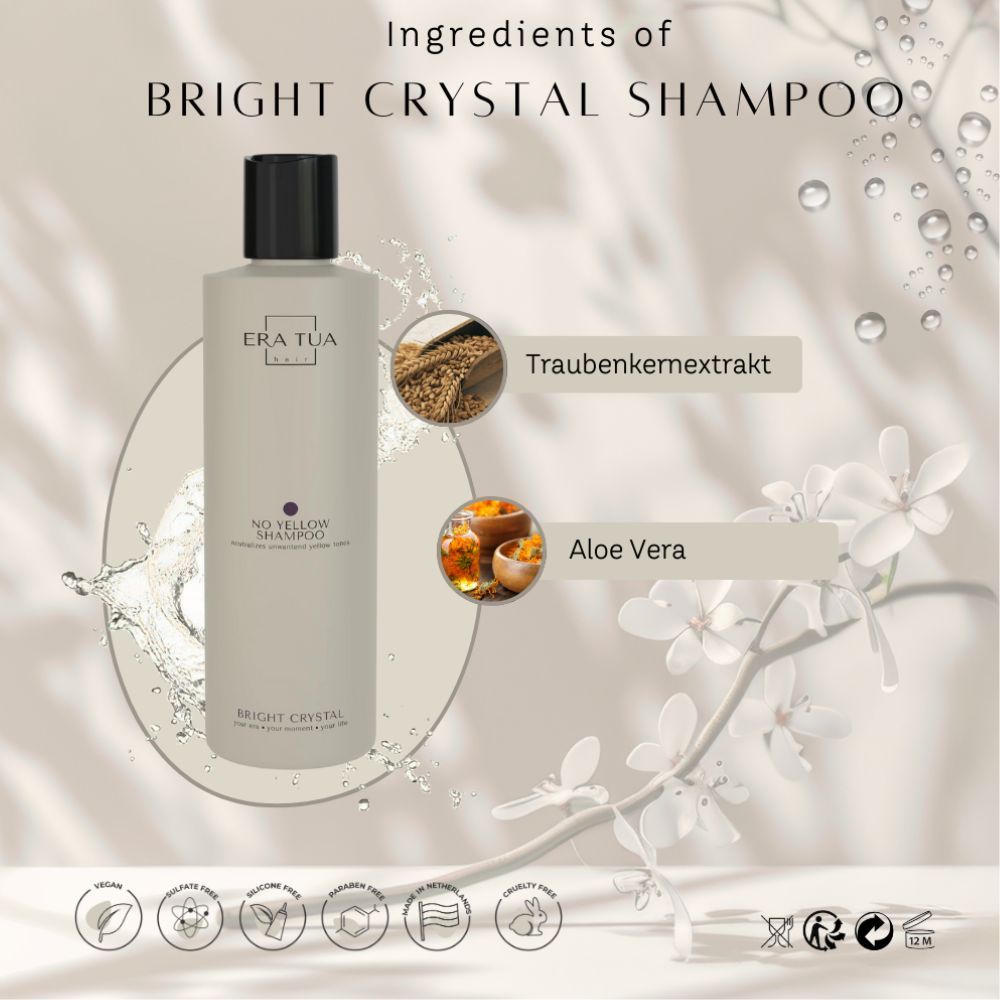 Flasche mit schwarzem Deckel. Text: ERA TUA, Bright Crystal Shampoo. Inhaltsstoffe: Traubenkernextrakt, Aloe Vera. Zertifizierungen.