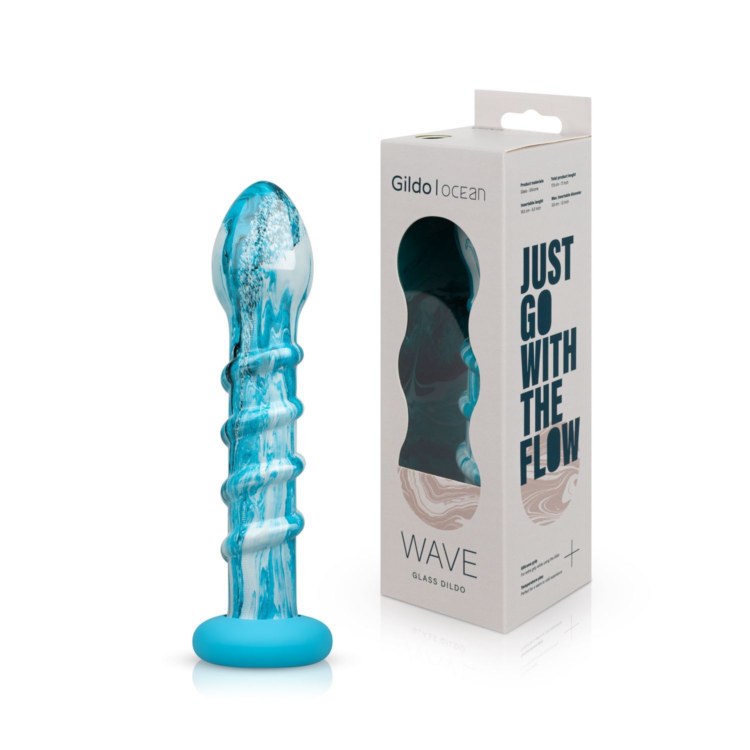 Glasdildo mit blau-weißer Marmorierung und spiralförmiger Textur. Neben der Verpackung mit Produktnamen und Slogan.