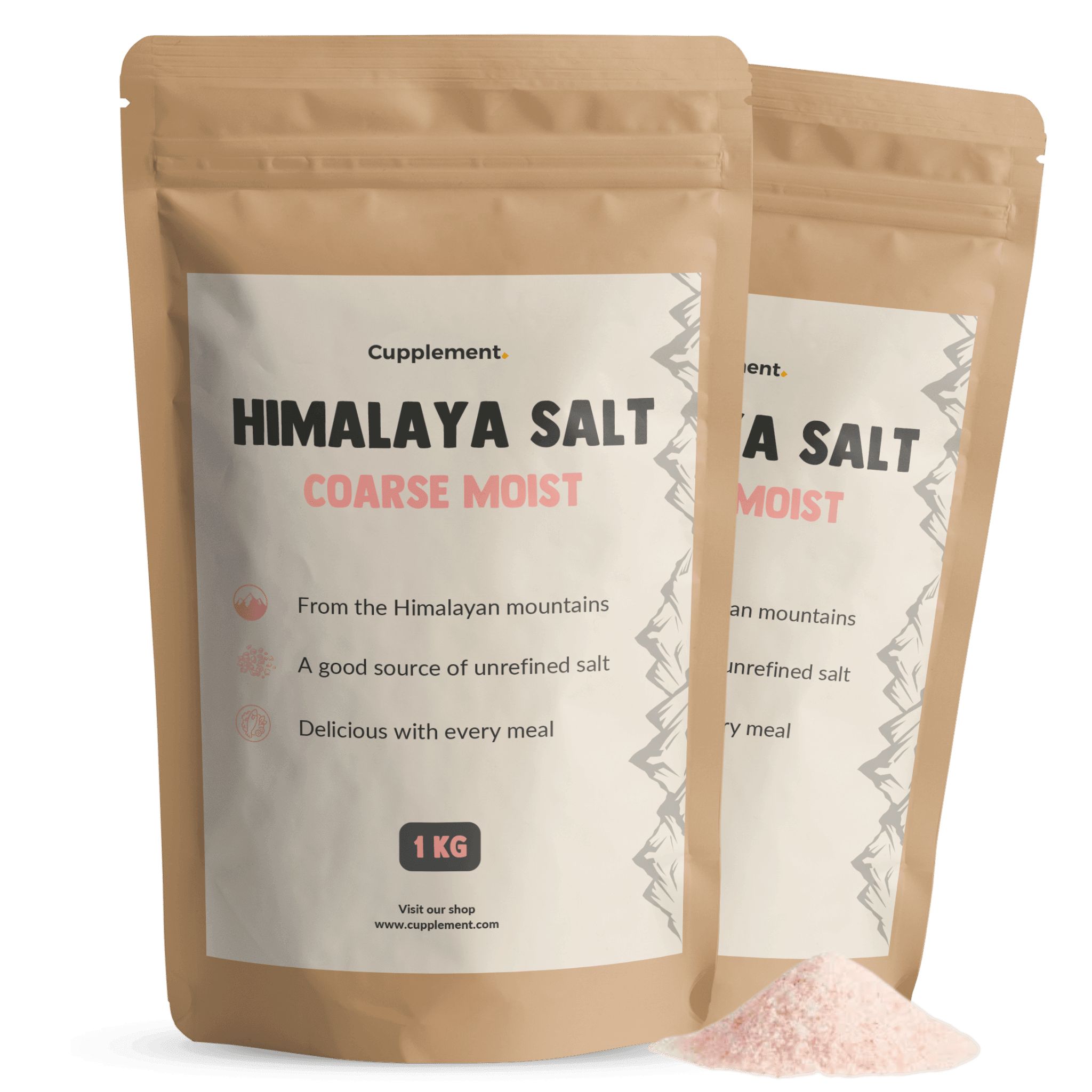 Zwei Beutel Cupplement® Himalaya Salz, grob, feucht. Aufschrift: 1 KG. Rosa Salz daneben.