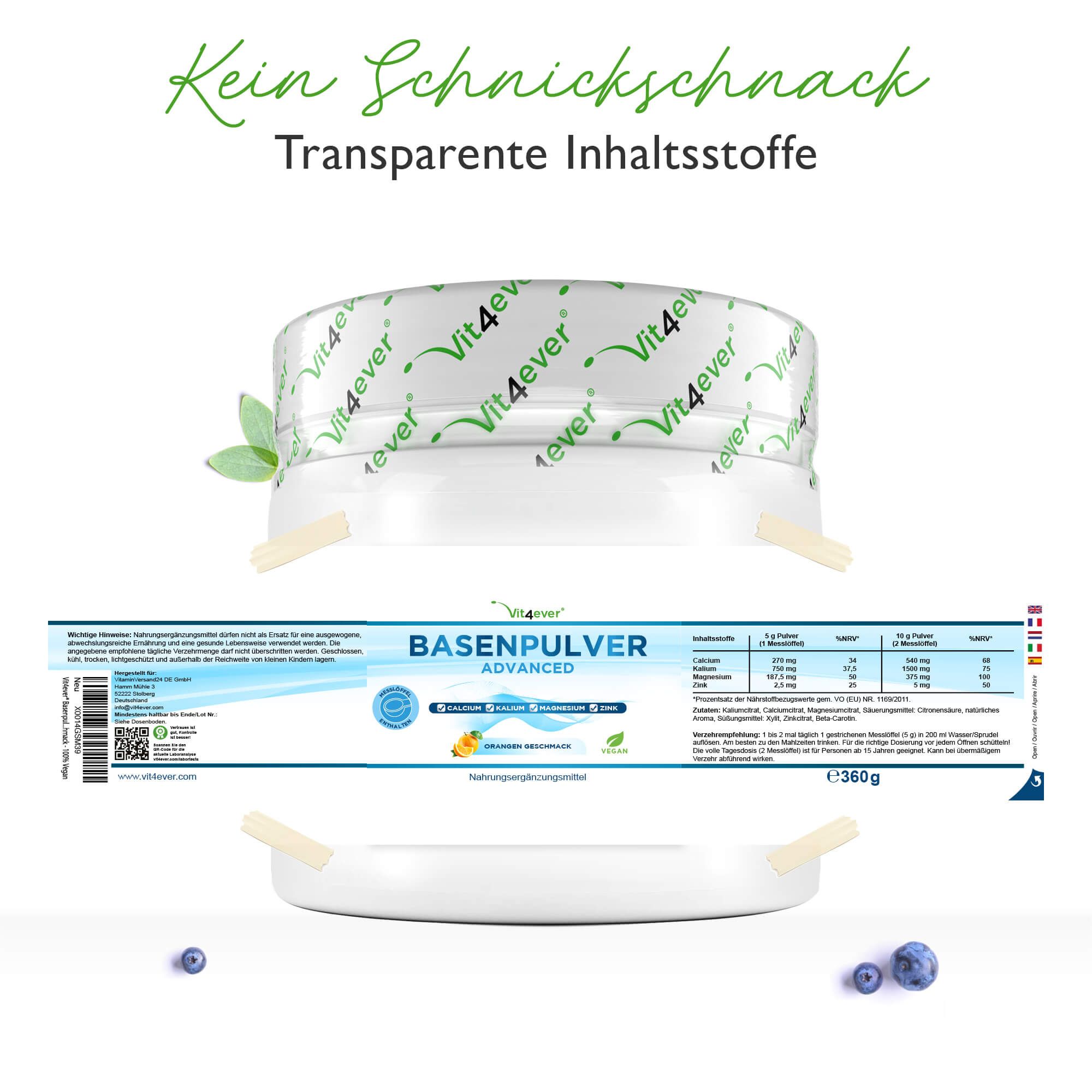 Basenpulver-Behälter mit Etikett. Enthält Informationen zu Inhaltsstoffen und Nährwerten. 360g.