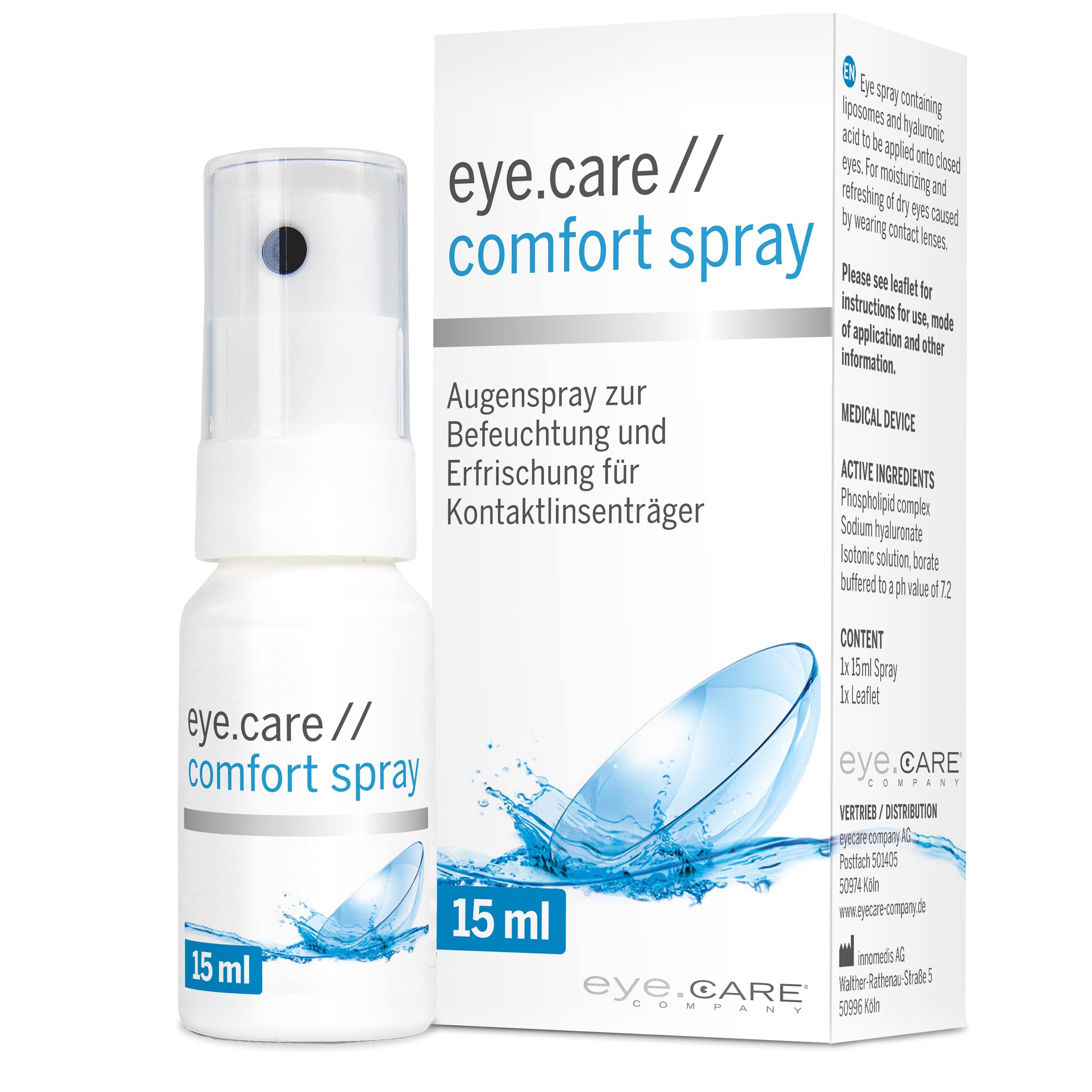 Produkt: eye.care // comfort spray, mit Verpackung. Text: Augenspray zur Befeuchtung, 15 ml. Inhaltsstoffe, Gebrauchsanweisung.
