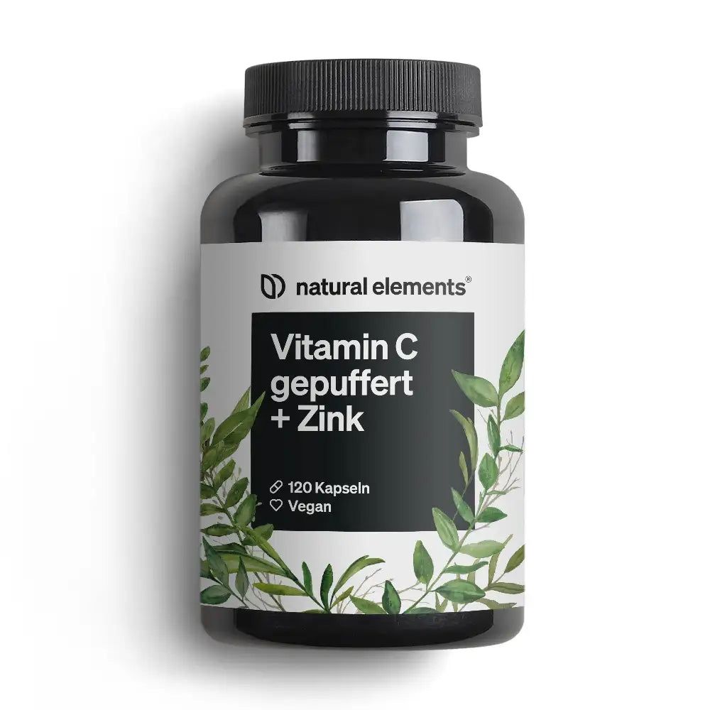 Schwarze Flasche mit weißem Etikett. Aufschrift: Vitamin C gepuffert + Zink. 120 Kapseln. Vegan.