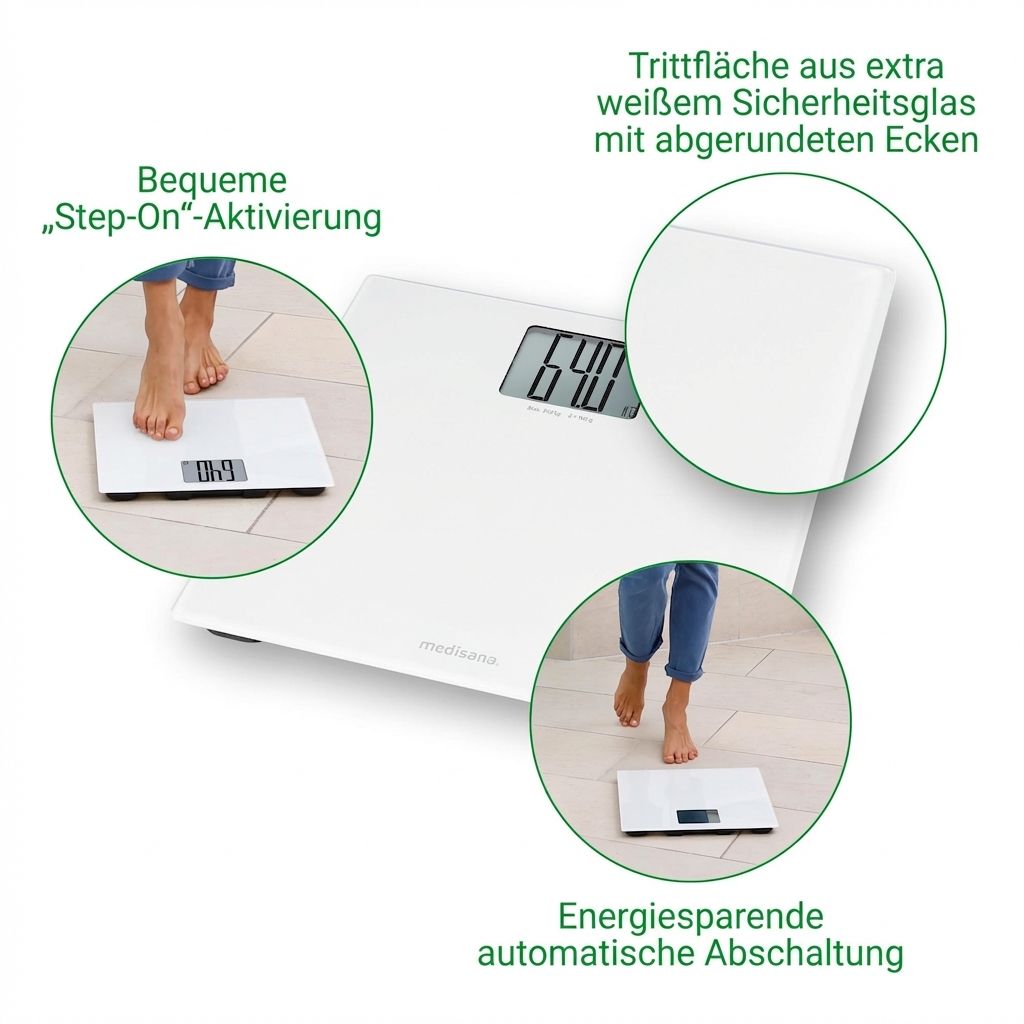Weiße Personenwaage mit Trittfläche aus Sicherheitsglas, digitaler Anzeige und Step-On-Aktivierung.