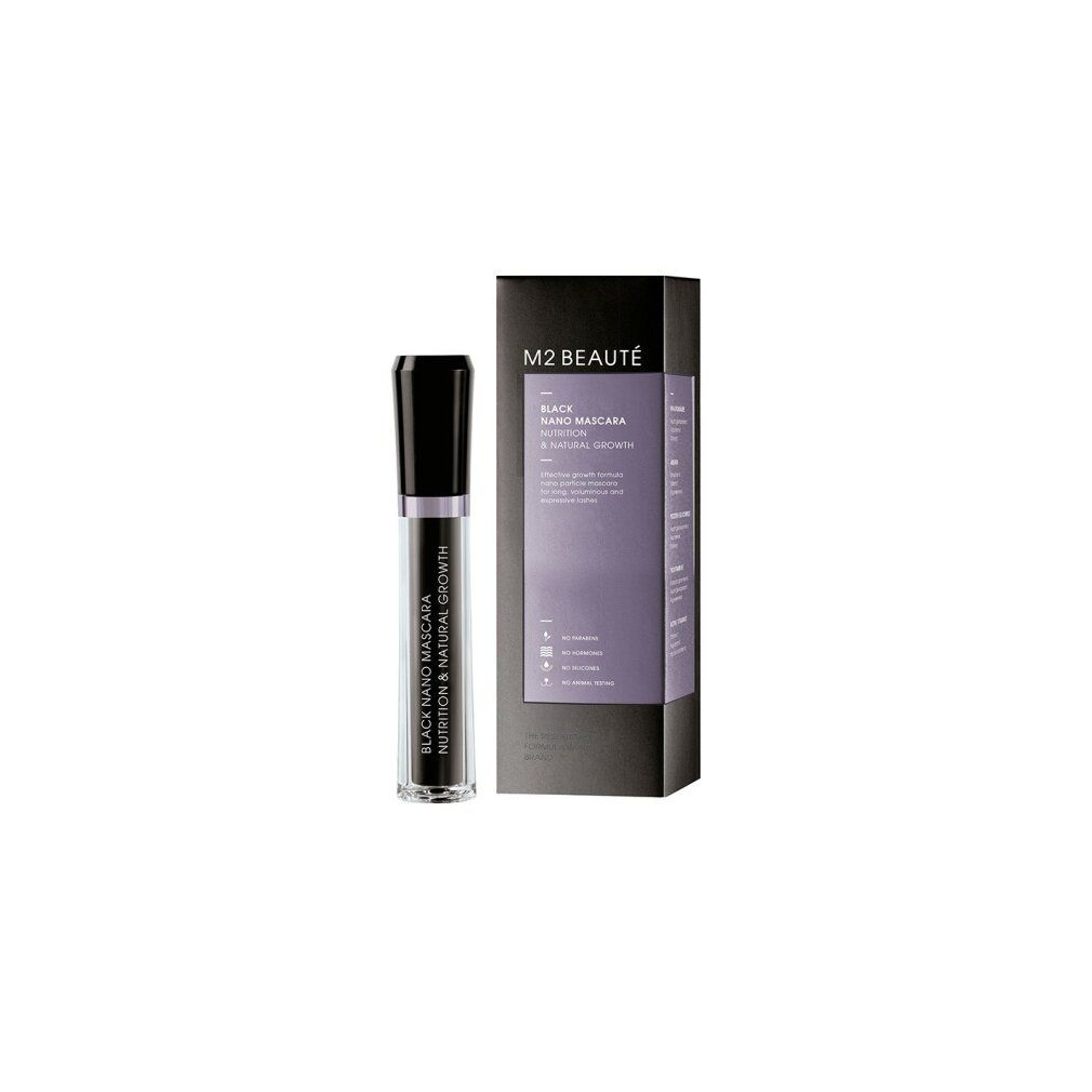 Mascara-Tube und Schachtel. Auf der Schachtel steht "M2 BEAUTÉ BLACK NANO MASCARA".