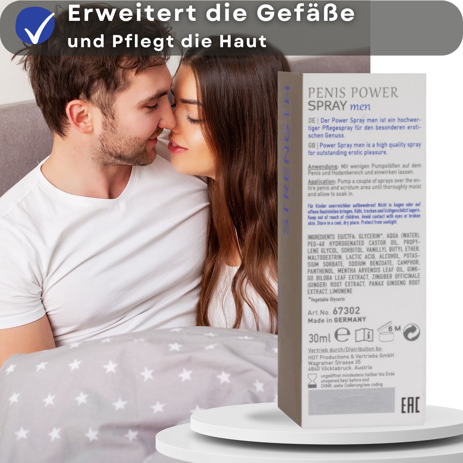 Verpackung mit Text: Penis Power Spray, 30ml. Text in Deutsch und Englisch. Paar im Bett.