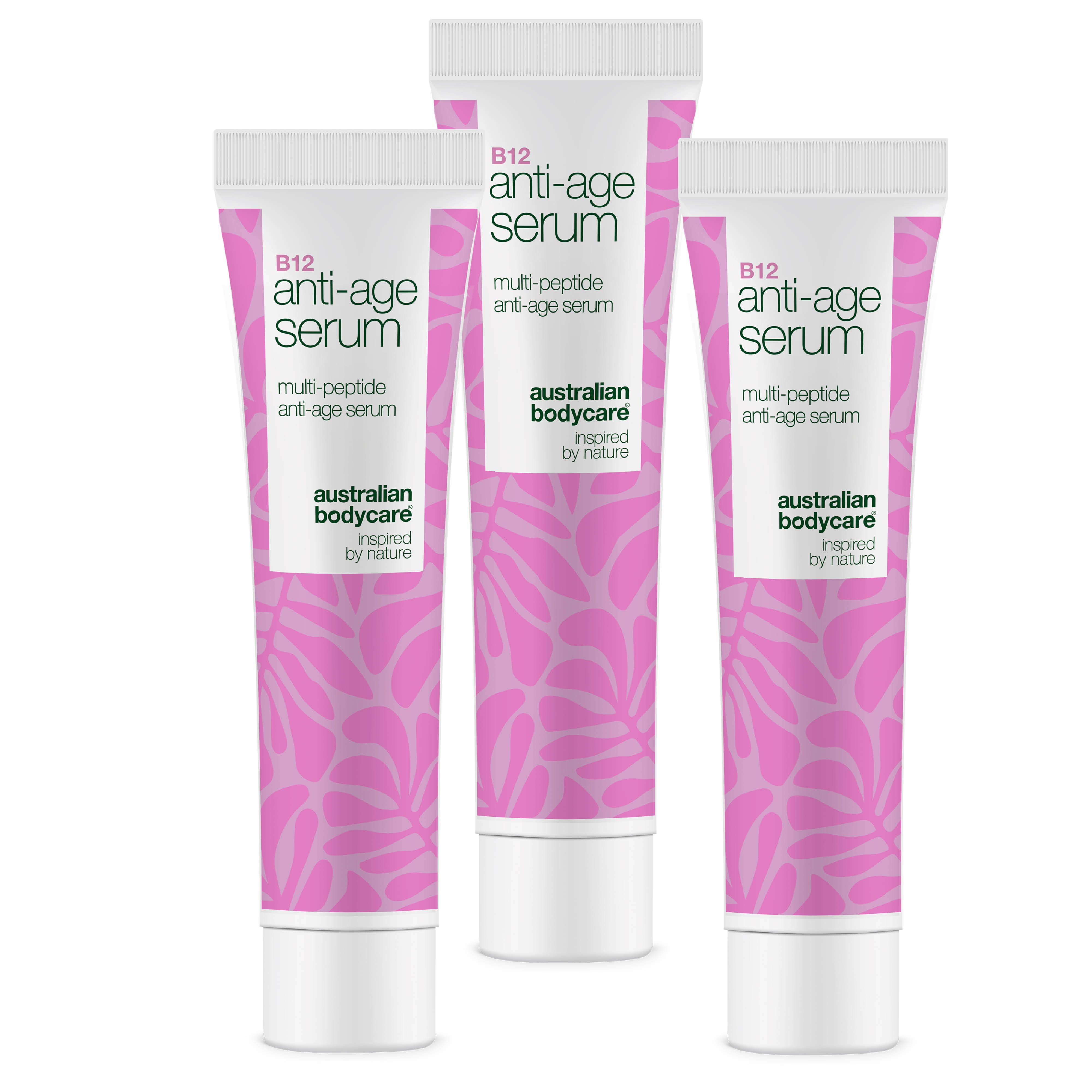 Drei Tuben Serum. Weiß, mit rosa floralem Muster. Aufschrift: B12 Anti-Age Serum, Australian Bodycare.