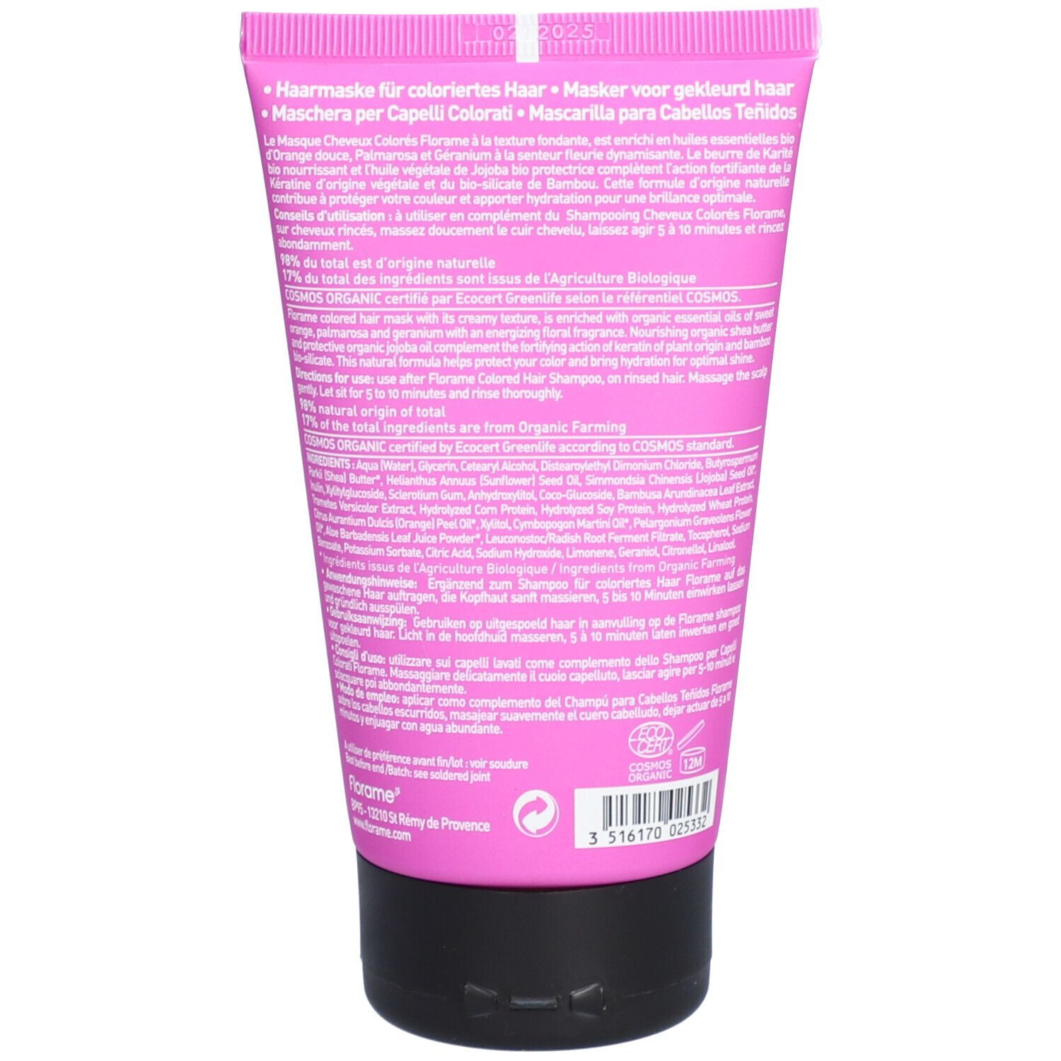 Rückseite der rosa Tube. Text in mehreren Sprachen. Schwarzer Deckel. Bio-Zertifizierung. Inhaltsstoffe und Herstellerinformationen.