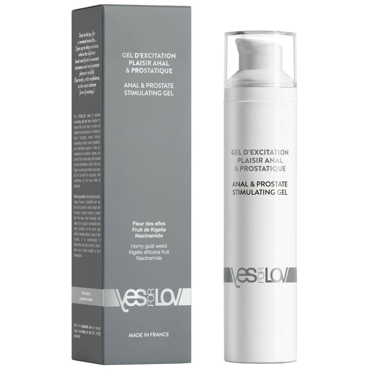 YESforLOV Anal & Prostate Stimulating Gel in weißer Spenderflasche mit Pumpspender und grauem Karton.