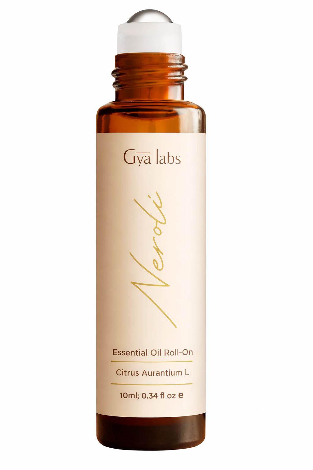 Neroli Öl Roll-on von Gya Labs. Braune Glasflasche mit schwarzem Deckel. Text: „Essential Oil Roll-on“ und „10ml; 0.34 fl oz e“.
