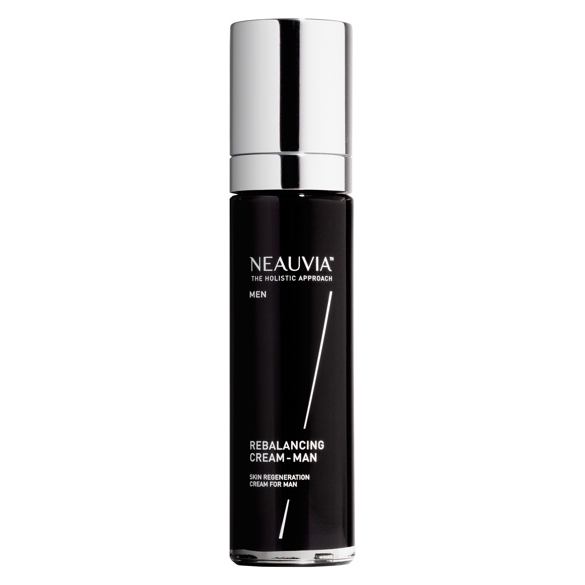 Schwarze Flasche mit silbernem Deckel. Aufschrift: Neauvia, Rebalancing Cream-Man, Skin Regeneration Cream for Man.