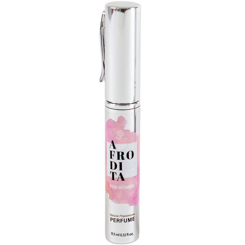 Zylindrischer Behälter mit Sprühkopf. Aufschrift: Afrodita. Rosa und silberfarben. Vertikale Ansicht.