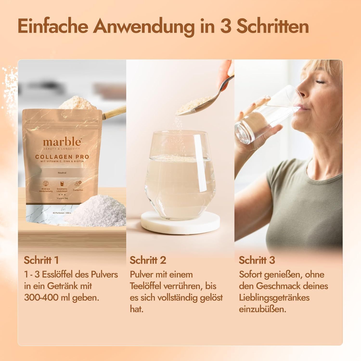 Anwendung von Marmelade Collagen Pro in drei Schritten: Pulver zugeben, umrühren, trinken.