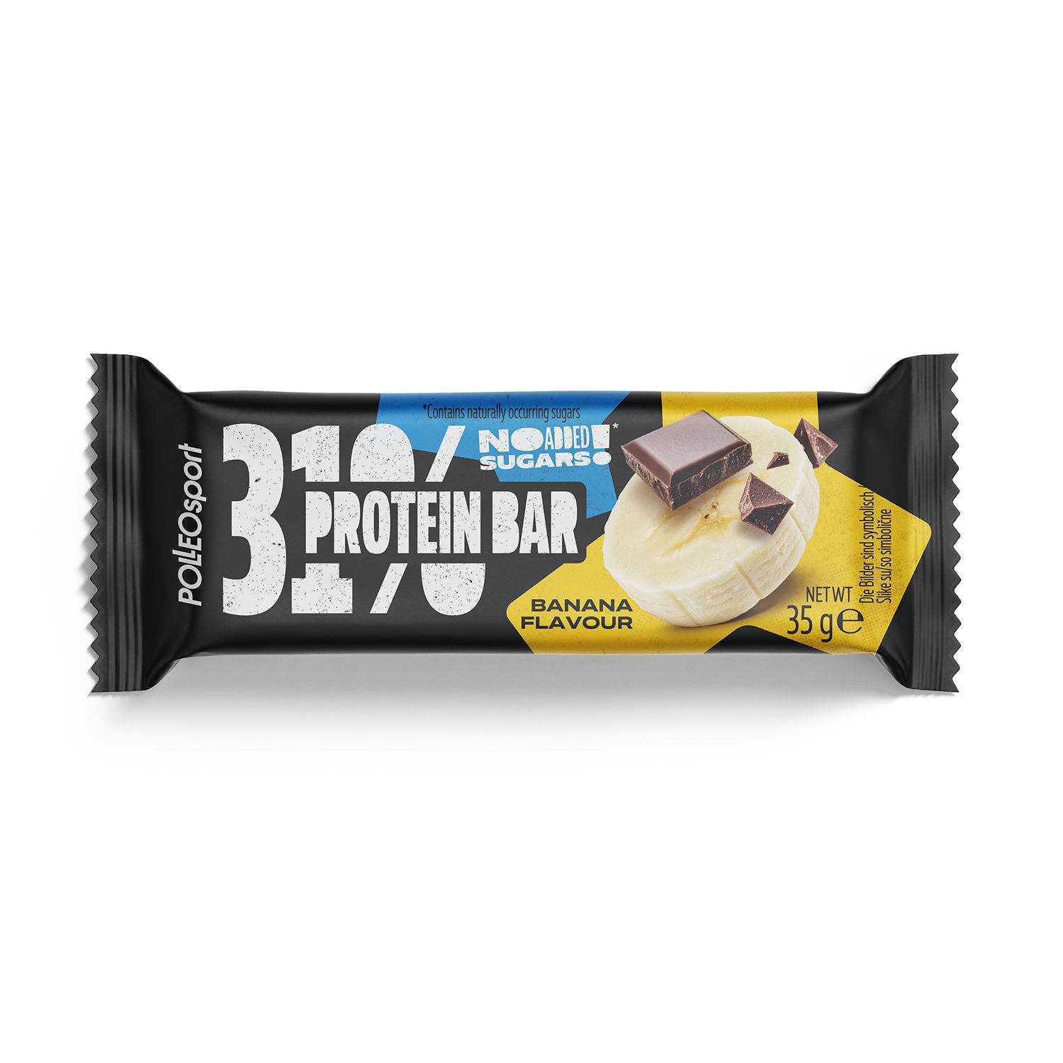 Proteinriegel mit Bananengeschmack. Schwarze Verpackung mit Aufdruck. Enthält Schokoladenstückchen und Bananenscheibe. Nettogewicht 35g.