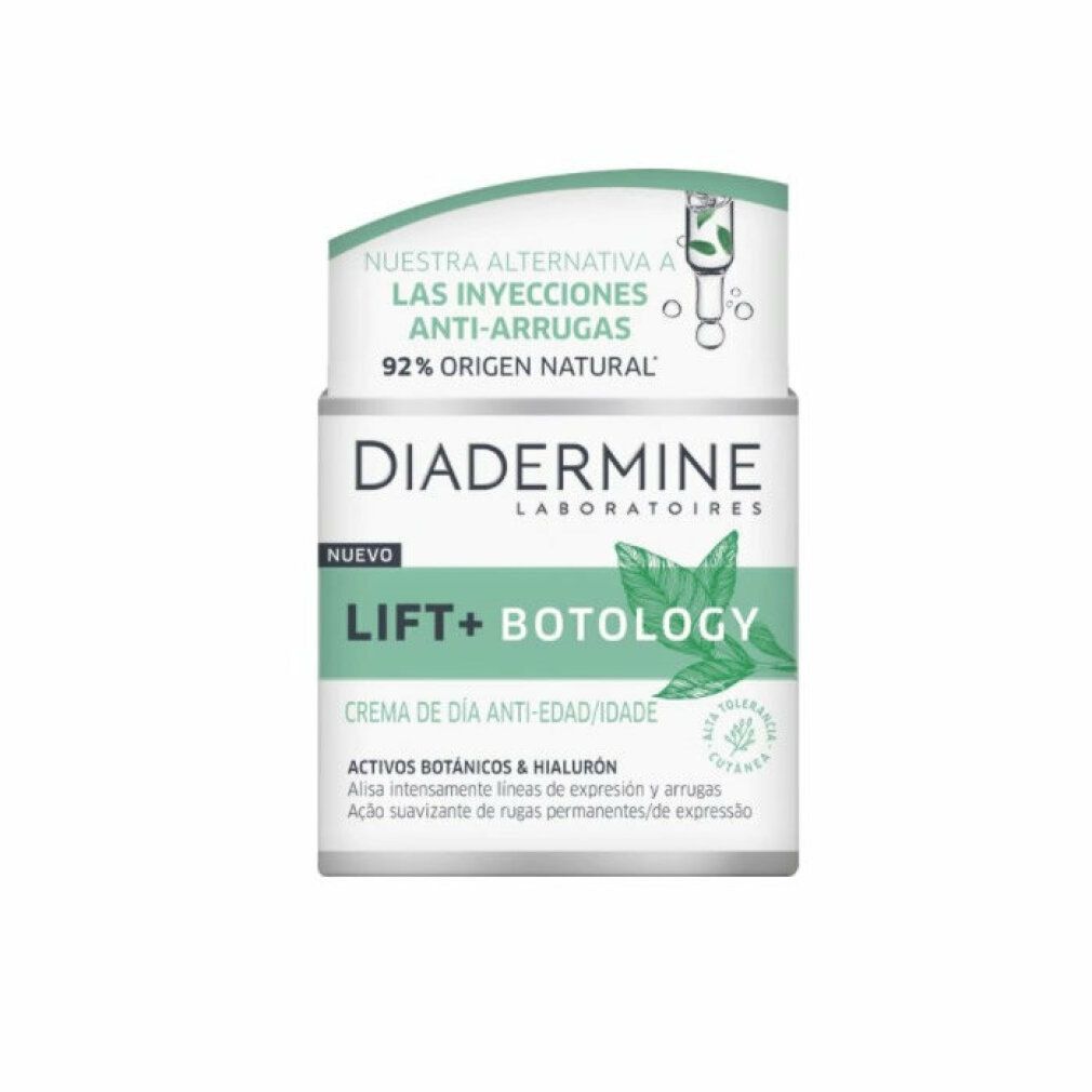 Diadermine Lift Botology Tagescreme. Weiße Verpackung mit grünen Akzenten. Text: Anti-Falten, 92% natürlichen Ursprungs, Lift+ Botology.