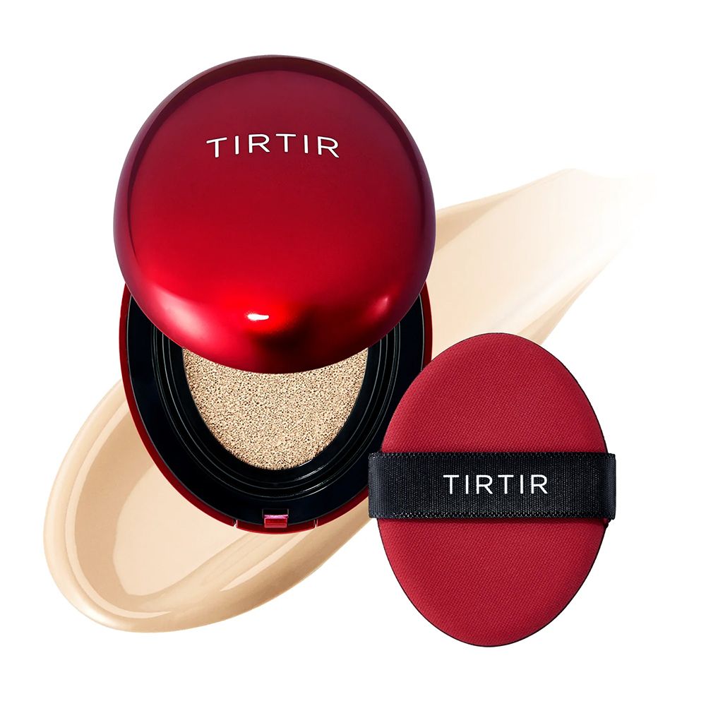 Geöffneter TIR TIR Cushion in roter Verpackung mit Applikator und Foundation-Spur.