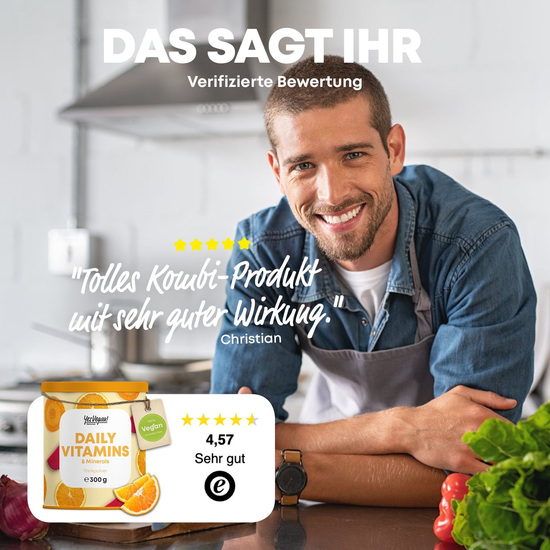 Mann lächelt. Dose "Daily Vitamins & Minerals" mit Bewertung 4,57 von ekomi. Zitat: "Tolles Produkt mit sehr guter Wirkung."