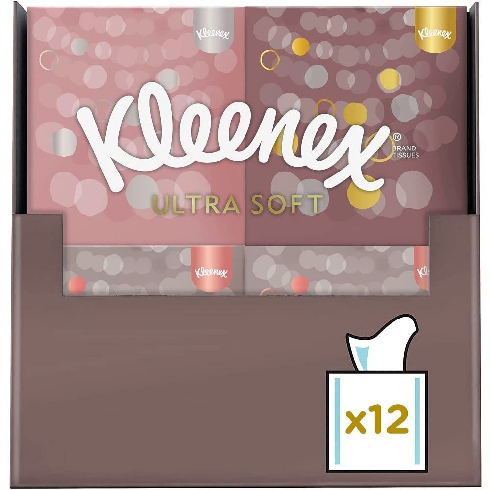 Kleenex Ultra Soft Kosmetiktücher-Box. Rosa und braune Verpackung mit weißem Logo. 12 Tücher pro Box.