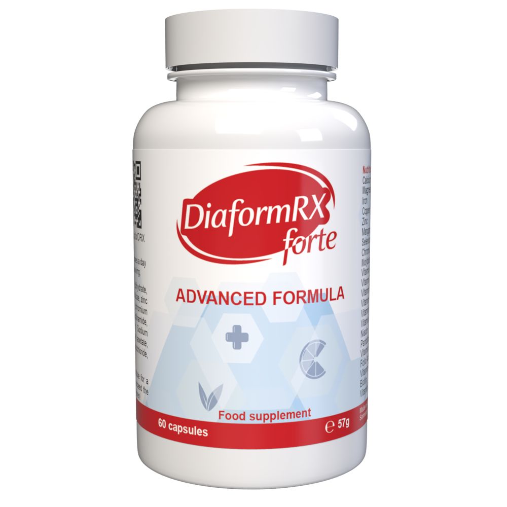 Weiße Flasche mit rotem Etikett. Aufschrift: DiaformRX forte, Advanced Formula. Enthält 60 Kapseln. Lebensmittelzusatz.