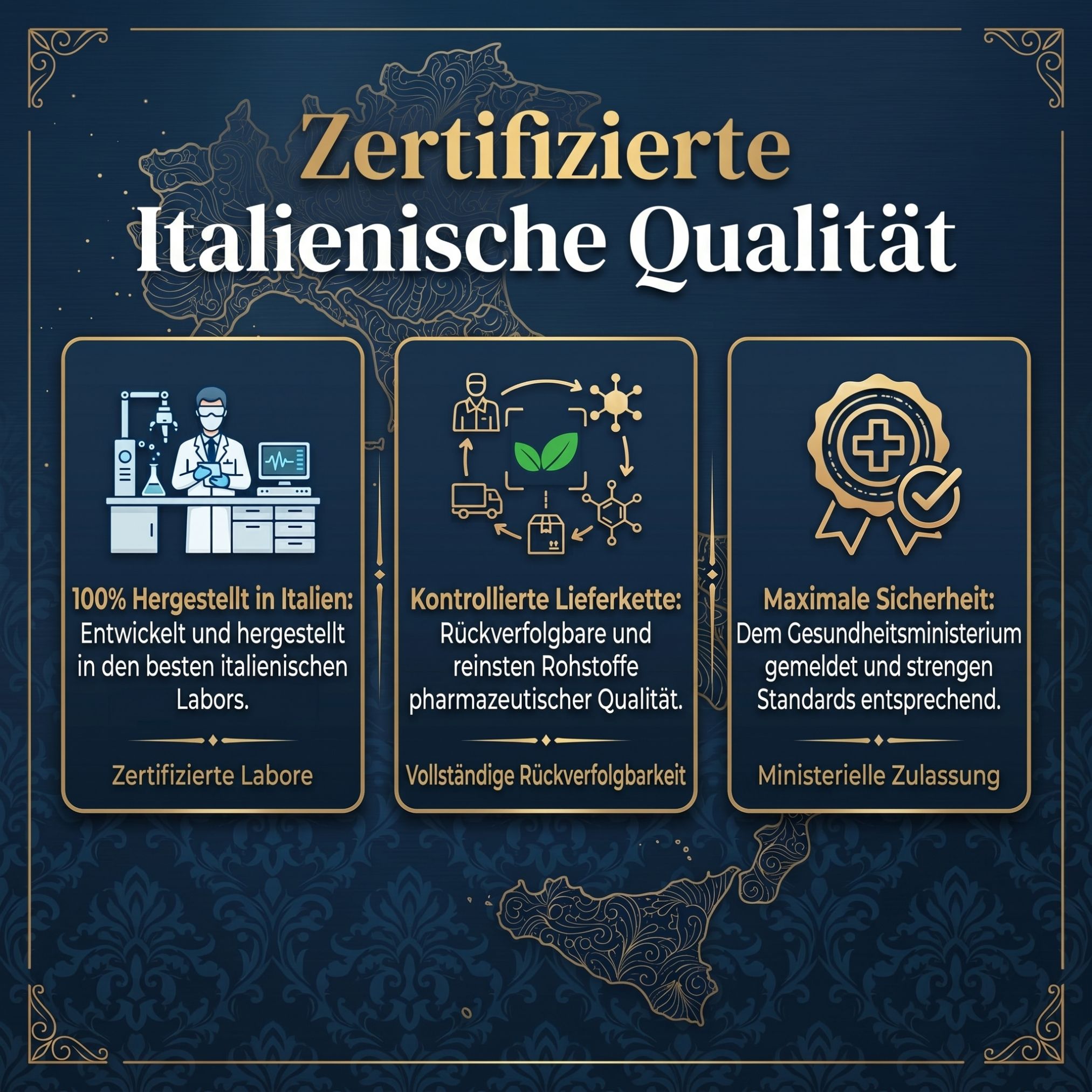Zertifizierte italienische Qualität: Herstellung, kontrollierte Lieferkette, Sicherheit.