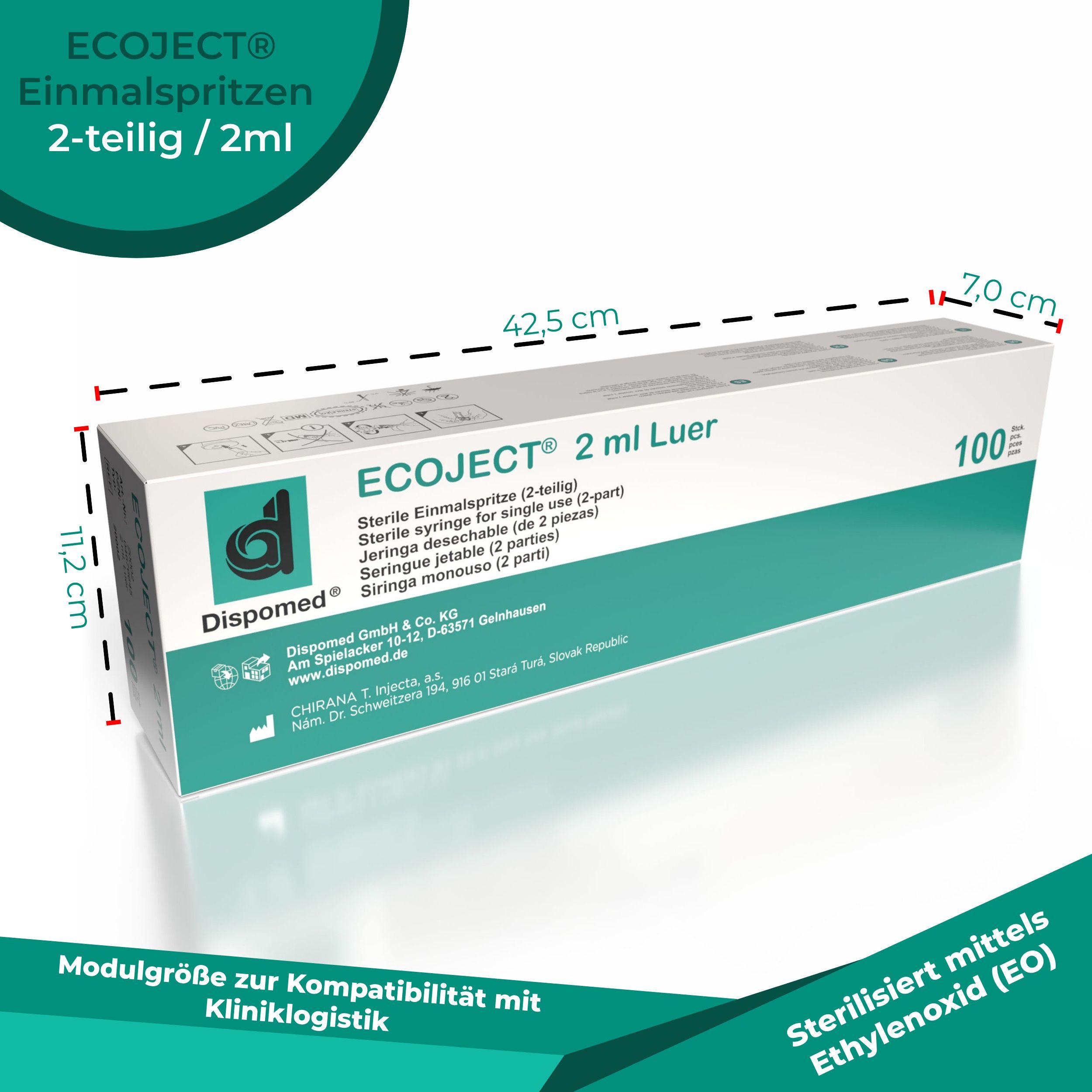 Verpackung mit Spritzen. Aufschrift: ECOJECT 2 ml Luer. Maße: 11,2 cm hoch, 42,5 cm breit, 7,0 cm tief.