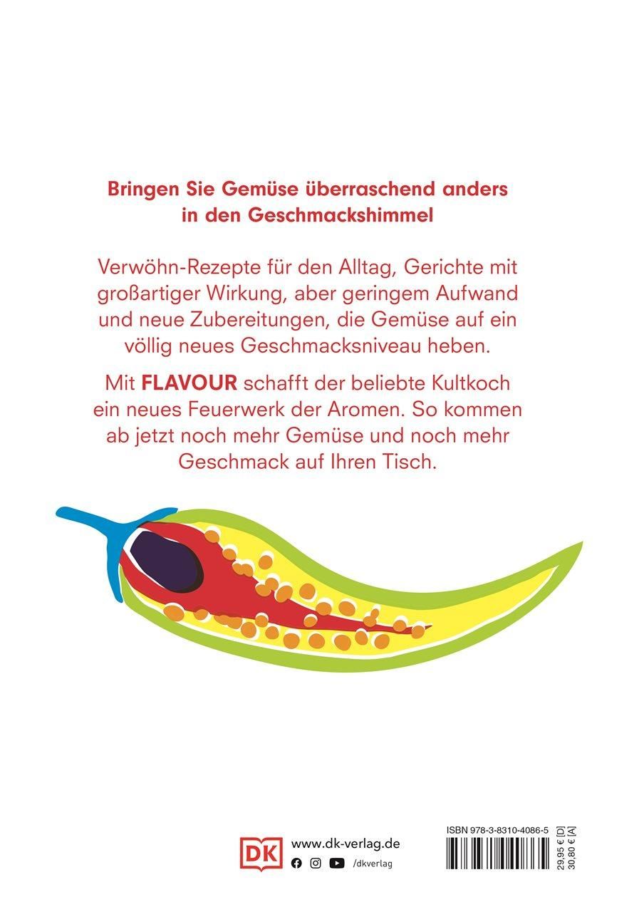 Rückseite eines Kochbuchs. Text über Gemüse und Aromen. Titel: FLAVOUR. Verlag: DK. ISBN-Nummer sichtbar.