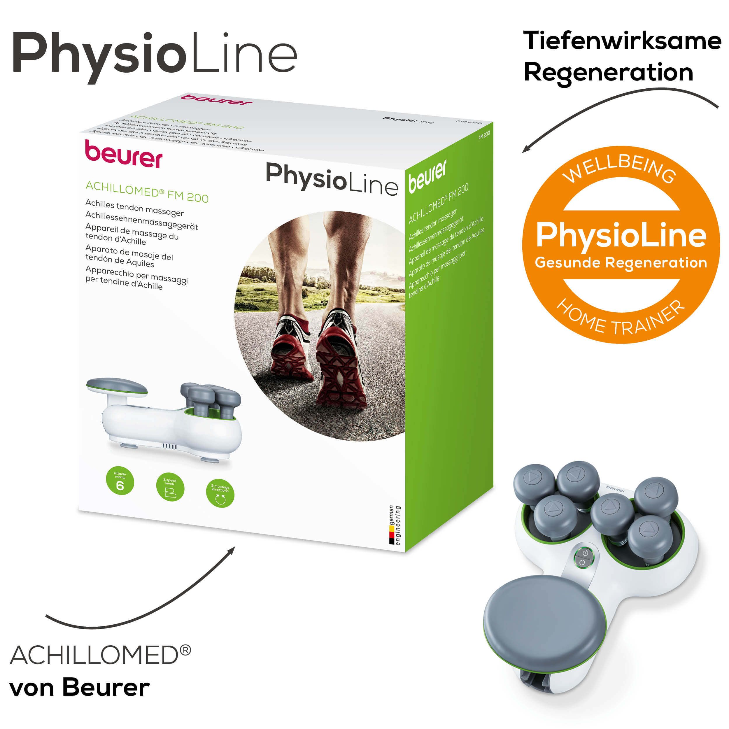 Verpackung von Achillomed FM 200. Logo PhysioLine und Well-being. 6 Massageköpfe.