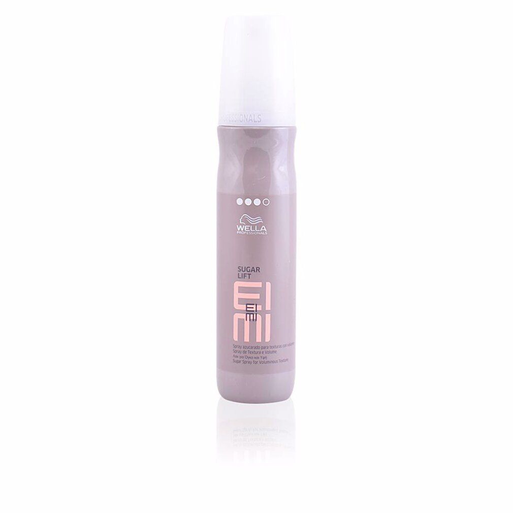 Haarspray-Flasche mit weißem Sprühkopf. Aufschrift: Wella Eimi Sugar Lift. Rosa und graue Farbgebung.