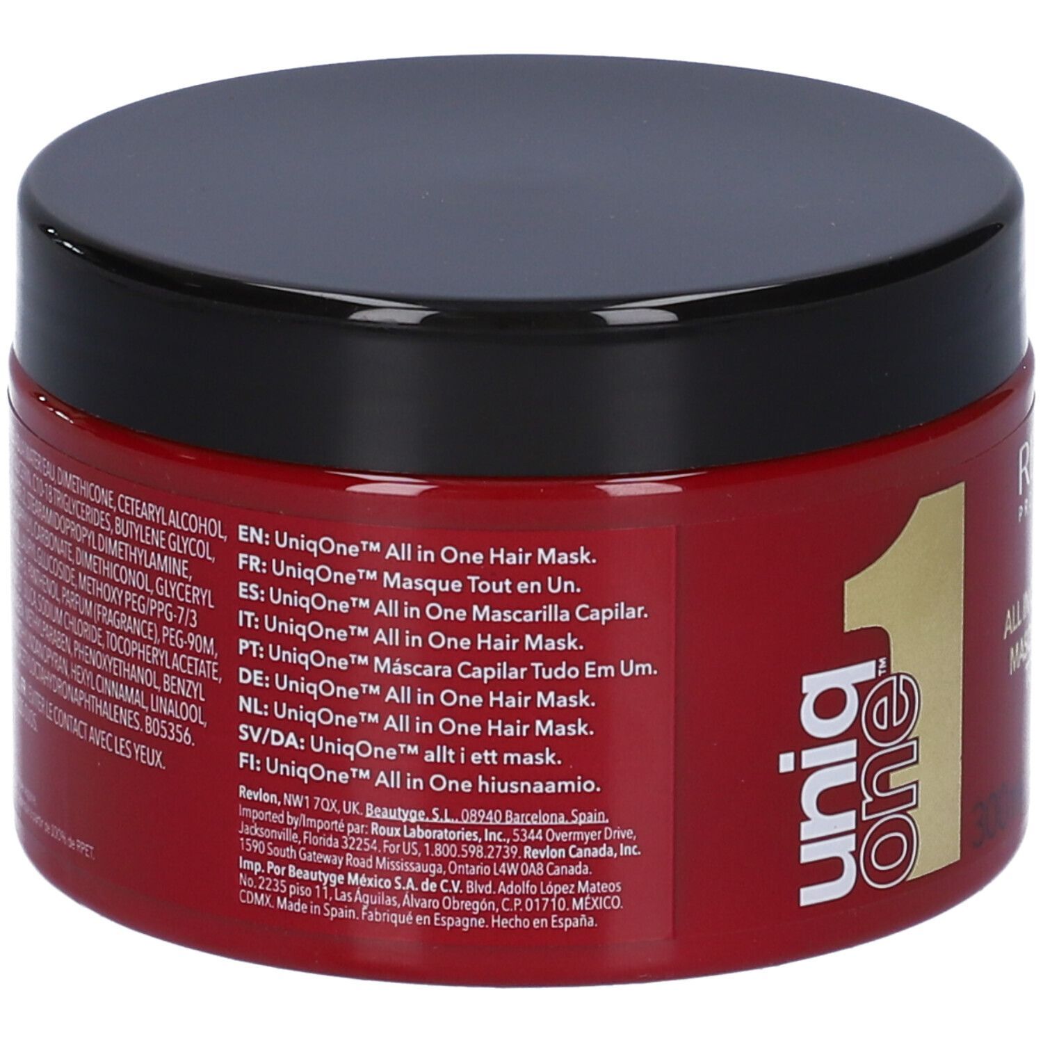 Rote Dose mit schwarzem Deckel. Aufschrift: Revlon Uniq One All in One Hair Mask. Rückseite mit Text.
