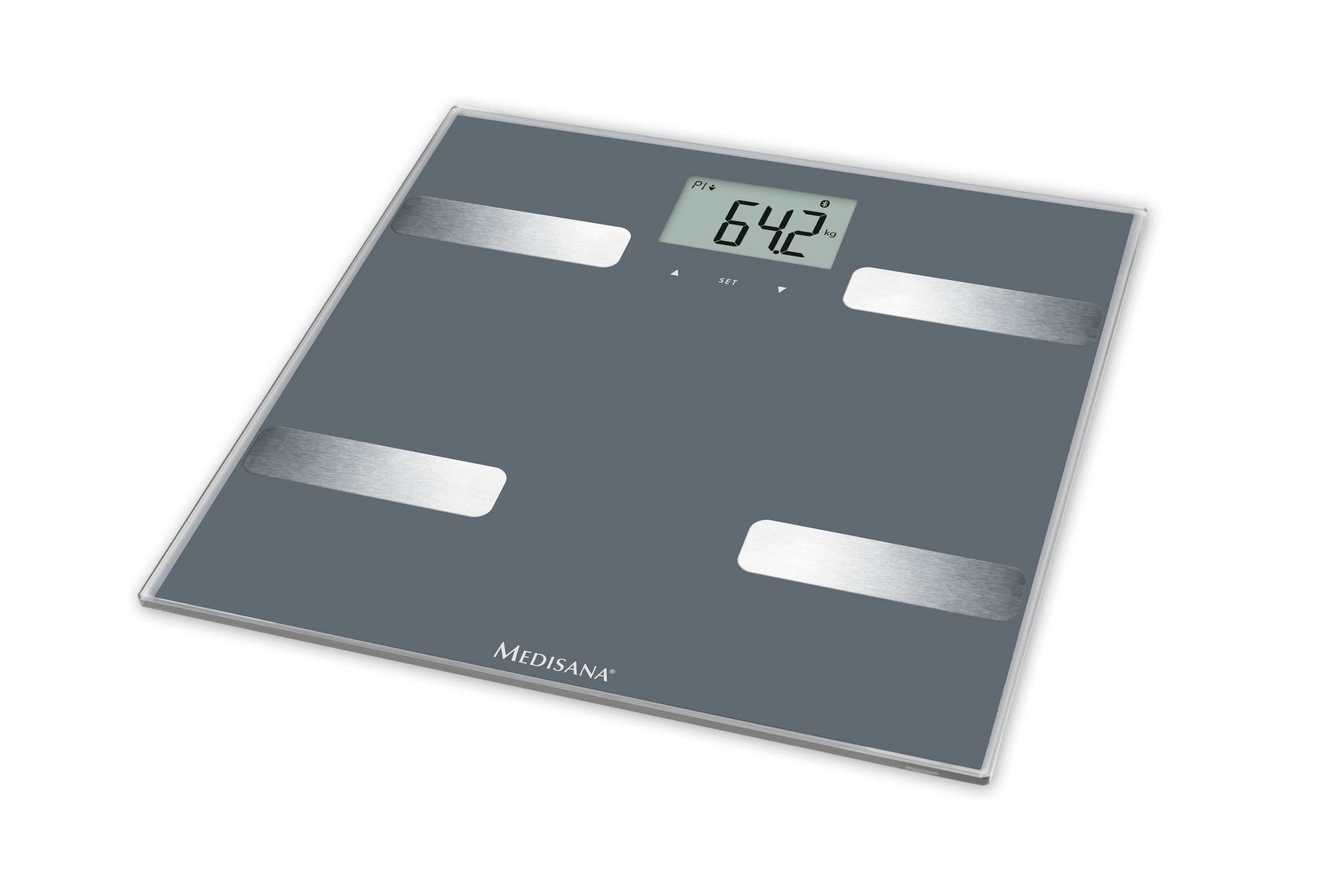 Körperanalysewaage mit digitaler Anzeige. Graue Oberfläche, silberne Kontaktflächen. Gewichtsanzeige: 64,2 kg.
