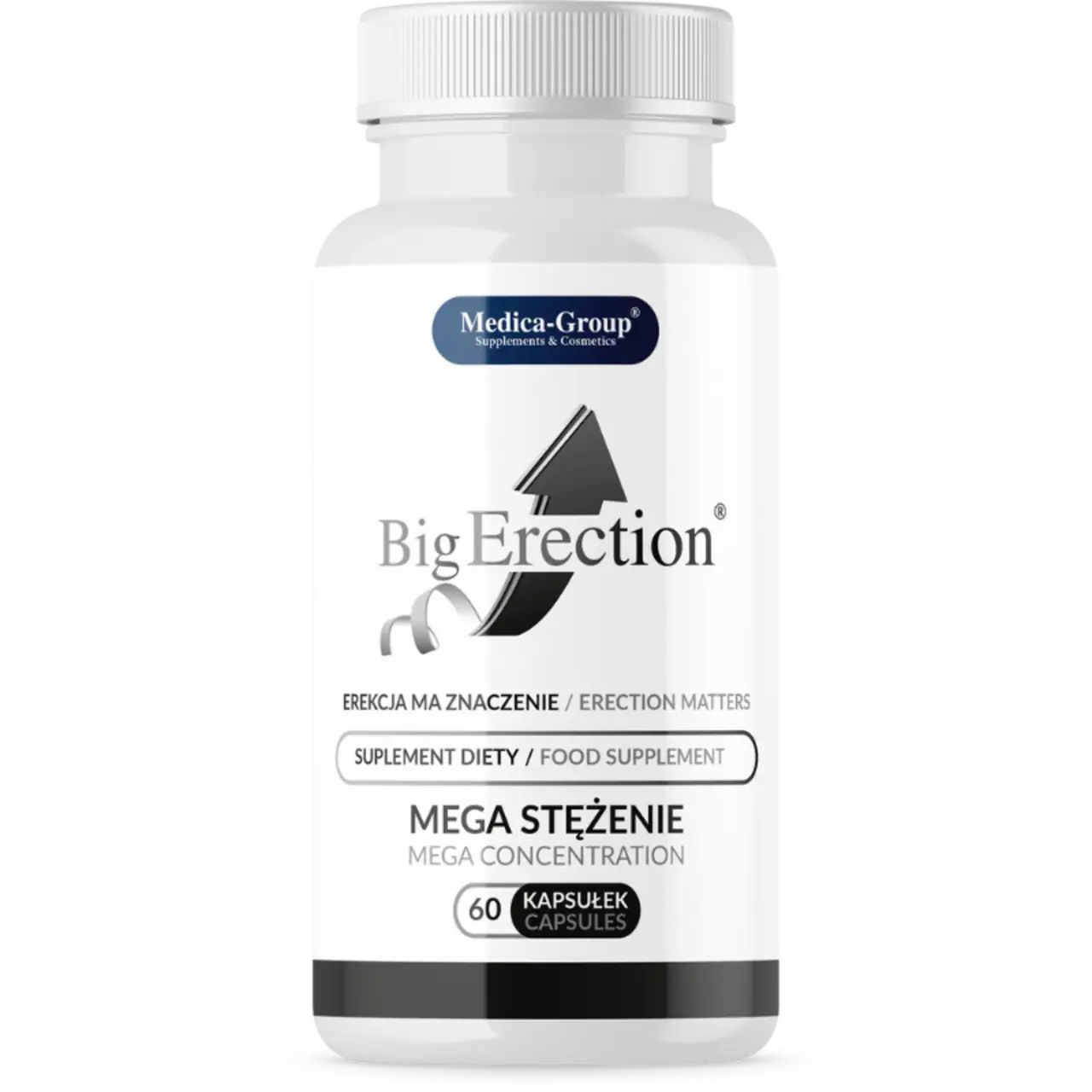 Weiße Flasche mit Kapseln. Aufschrift "Big Erection", "Mega Stężenie", "60 Kapseln". Logo "Medica-Group".