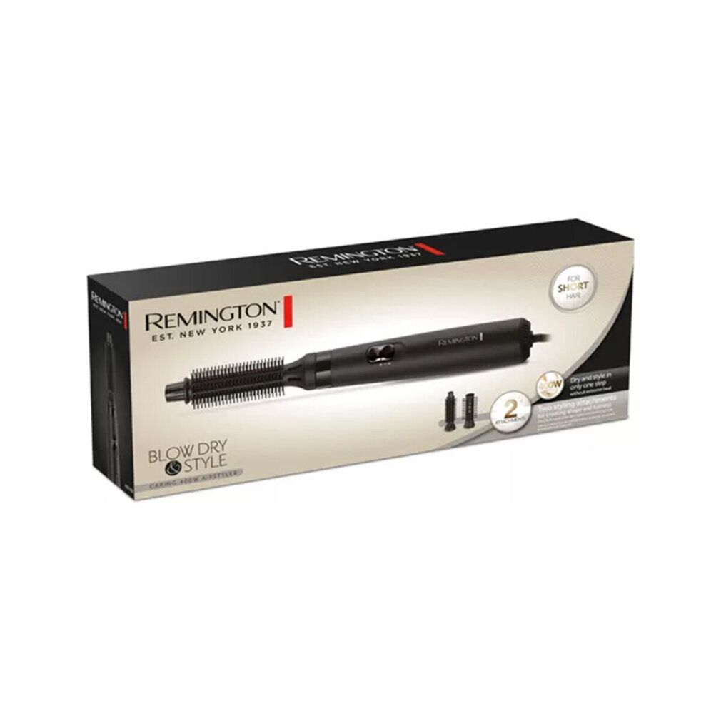 Verpackung des Haarstylers. Schwarze Box mit Produktabbildung und Remington-Logo.