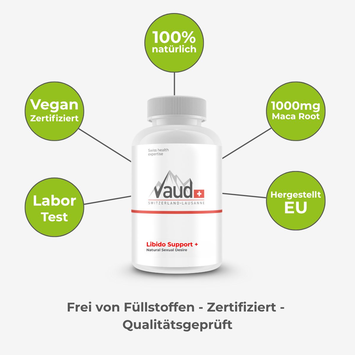 Weiße Flasche mit Kapseln. Vaud Logo, Libido Support+. Text: 100% natürlich, vegan, Labor Test.