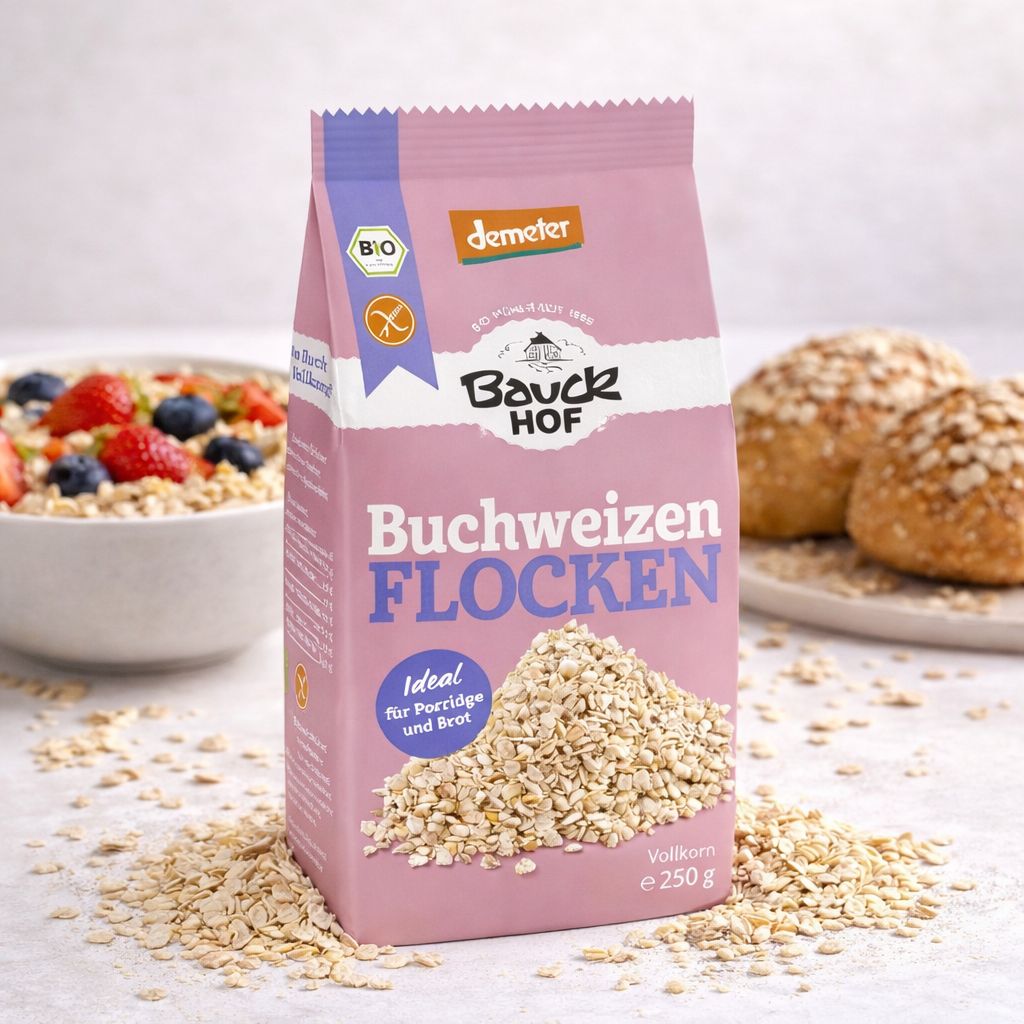 Packung Bauckhof Buchweizenflocken, 250g. Bio und Demeter zertifiziert. Ideal für Porridge und Brot.