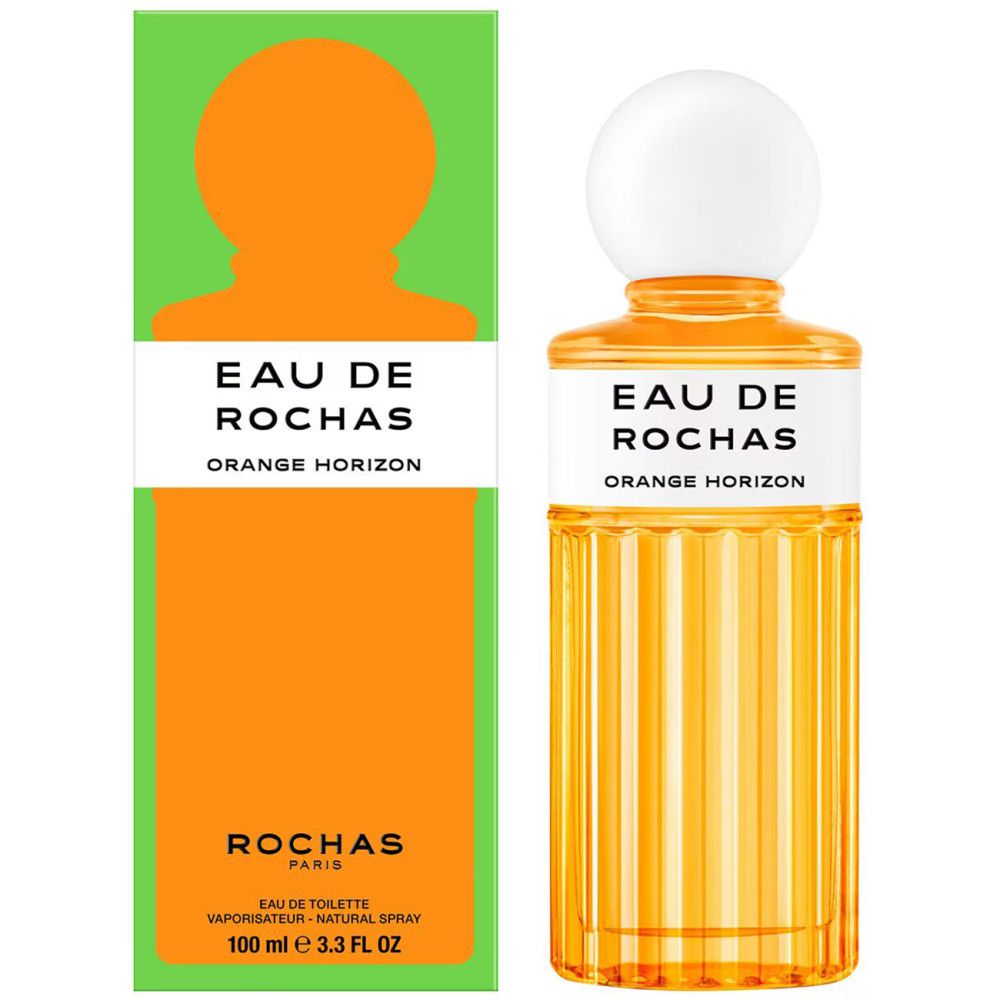 Eau de Rochas Orange Horizon. Flakon und Verpackung. Flakon mit weißem Verschluss, orangefarbenem Inhalt. Grüne Verpackung mit orangefarbener Silhouette.