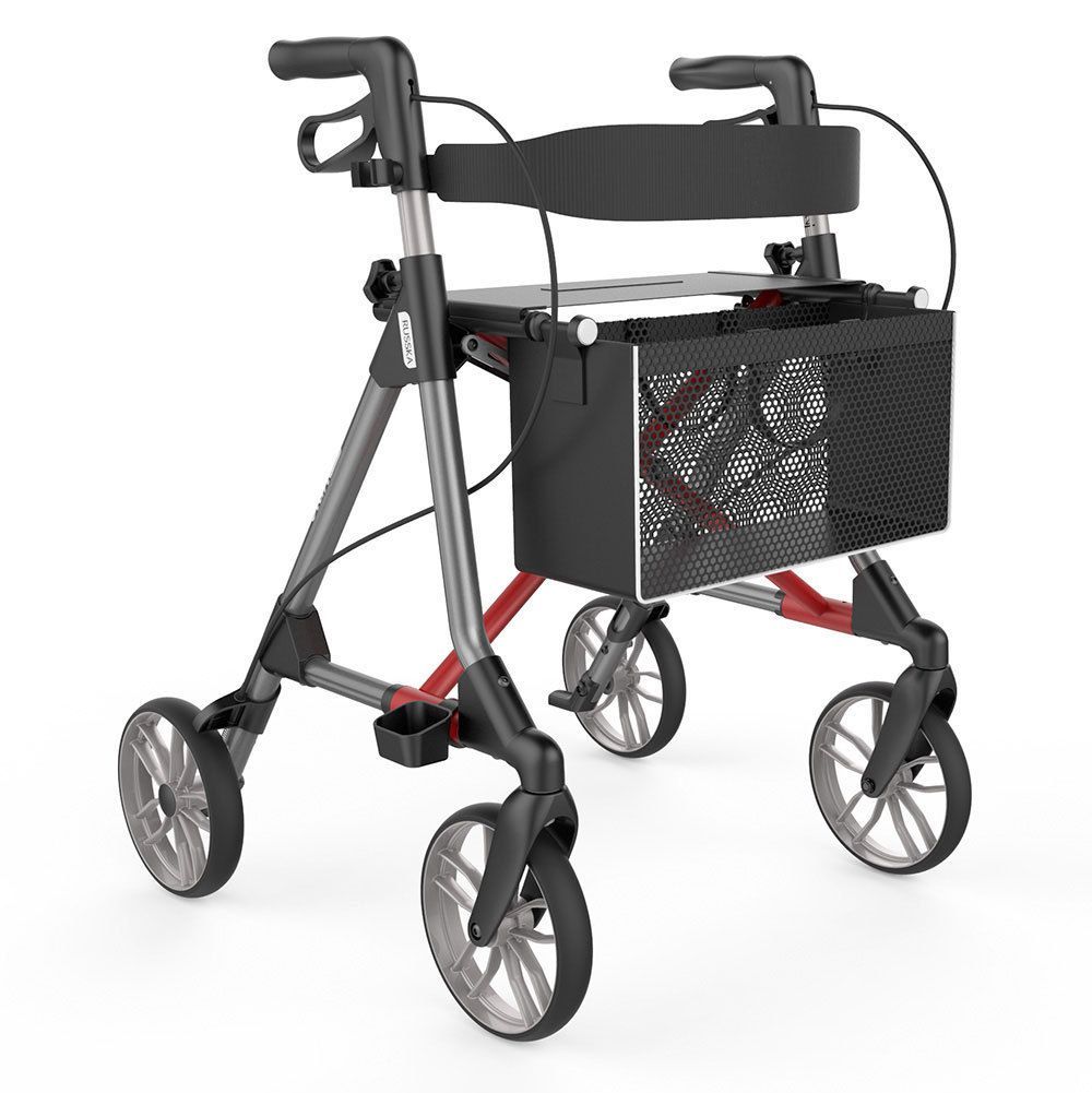 Rollator mit anthrazitfarbenem Rahmen, dunkelroten Akzenten, schwarzem Korb und Sitz. Vier Räder, Handgriffe und Bremsen.