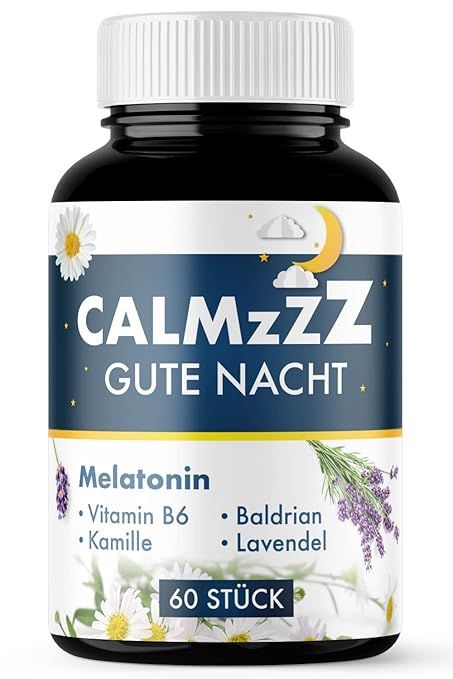 Flasche mit Melatonin Gummibärchen, 60 Stück. Enthält Melatonin, Vitamin B6, Kamille, Baldrian, Lavendel.
