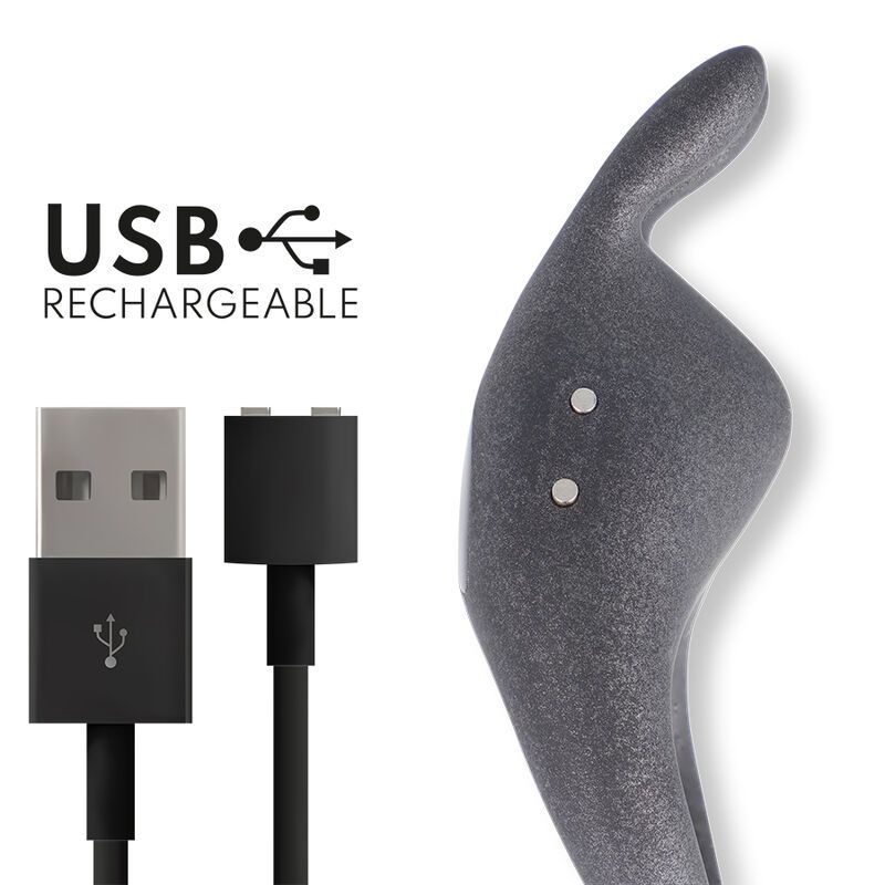 Grauer Vibratorring mit Klitorisstimulator. USB-Ladekabel. Text: USB RECHARGEABLE.